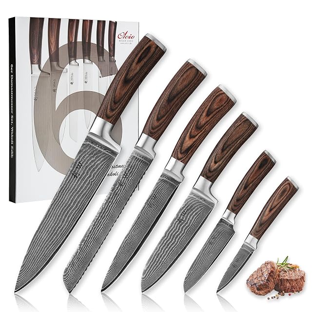 Wakoli EDIB 6-Piece Damascus Knife Set Professional Chef Knives Set with VG10 Core Blades 67-Layer Damascus Steel and