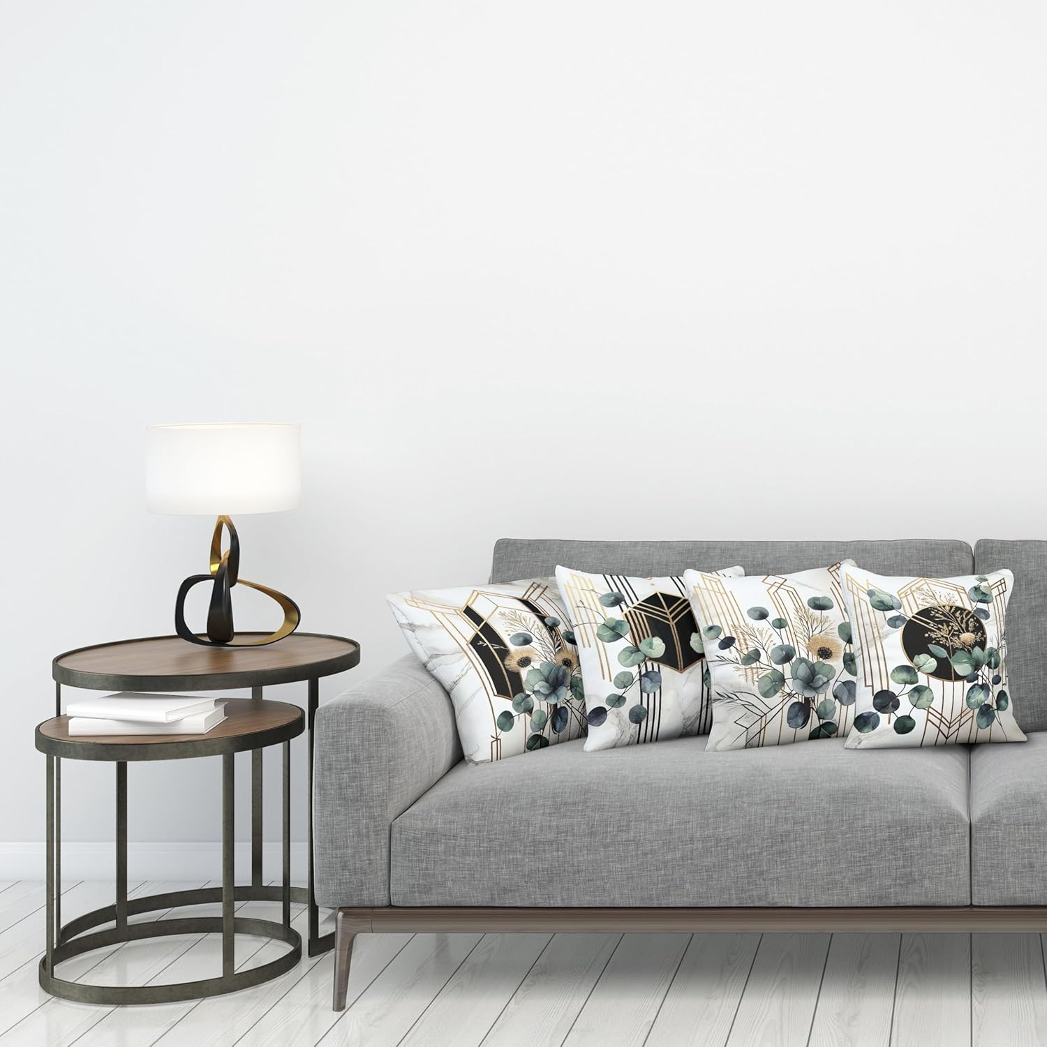 Ambesonne Eucalyptus Throw Pillow Cushion Cover Set of 4, Watercolor Branches and Geometric Modern Motives on Marble Print Back, Decorative Accent Double-Sided Printing, 20", Grey Teal Sand Brown