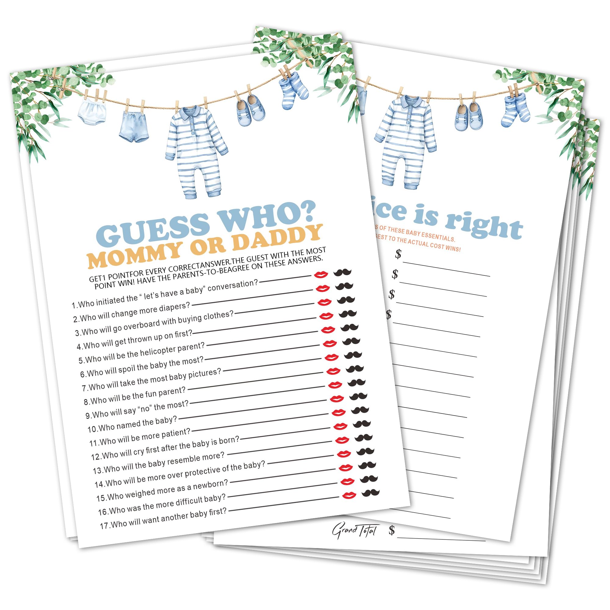 GHTRP Clothes & Greenery Baby Shower Game Cards- Mommy Or Daddy & The Price is Right Theme Games Activity for Boys-5x7 Inches 30 Game Cards-Baby