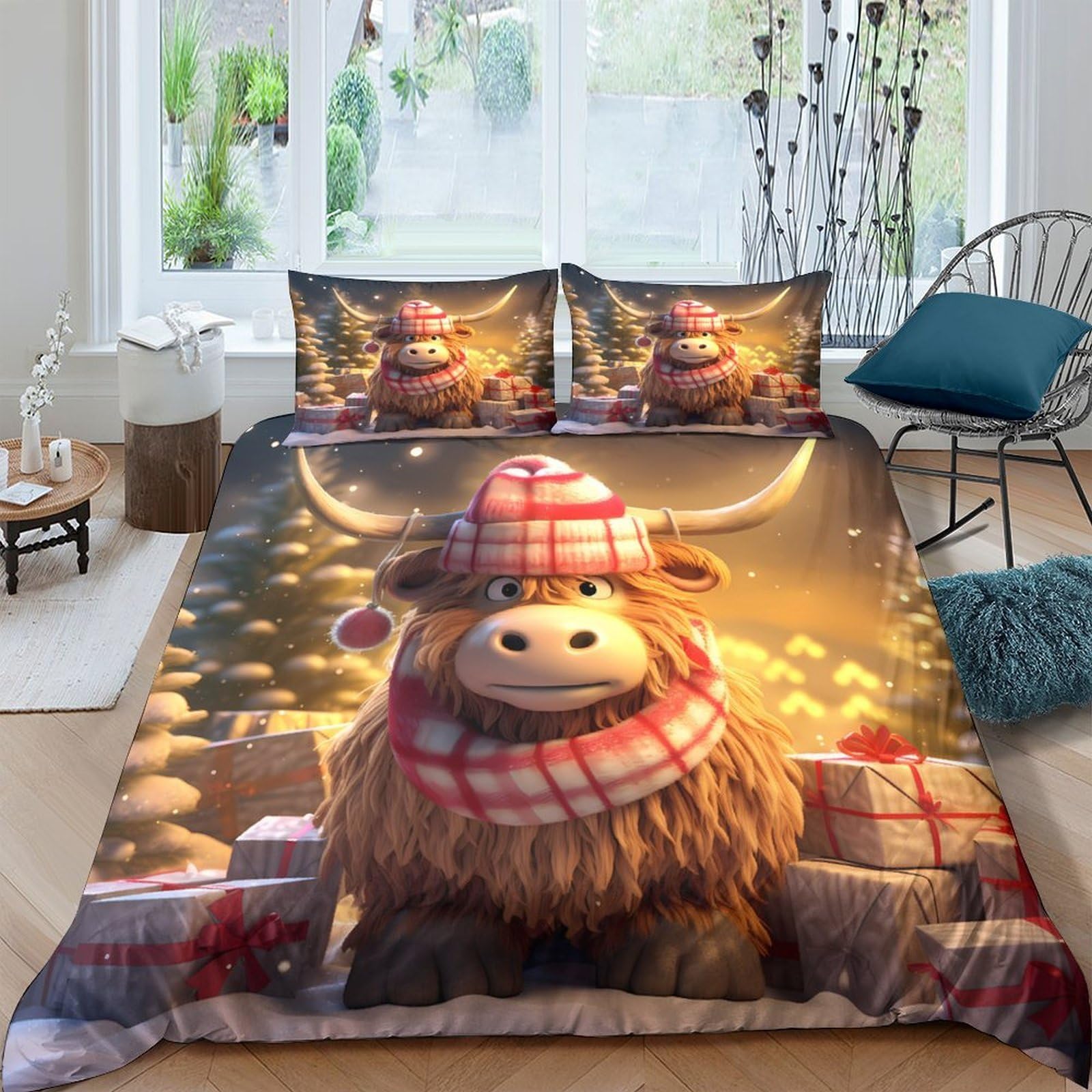 GPLZQXKJNH 3D Printed Highland Cow Christmas Duvet Cover Microfiber Soft Bedding Set with 2 Pillowcases for Bedroom Decor Single（135x200cm）