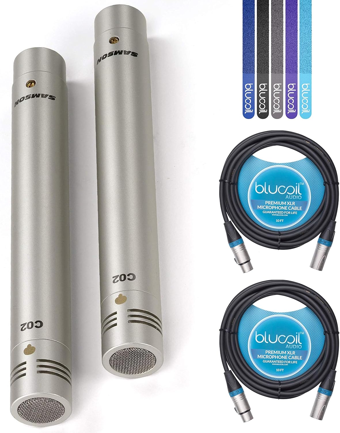Samson C02 Condenser Microphone (Stereo Pair) Bundle with 2-Pack of Blucoil 10-FT Balanced XLR Cables, and 5-Pack of Reusable Cable Ties