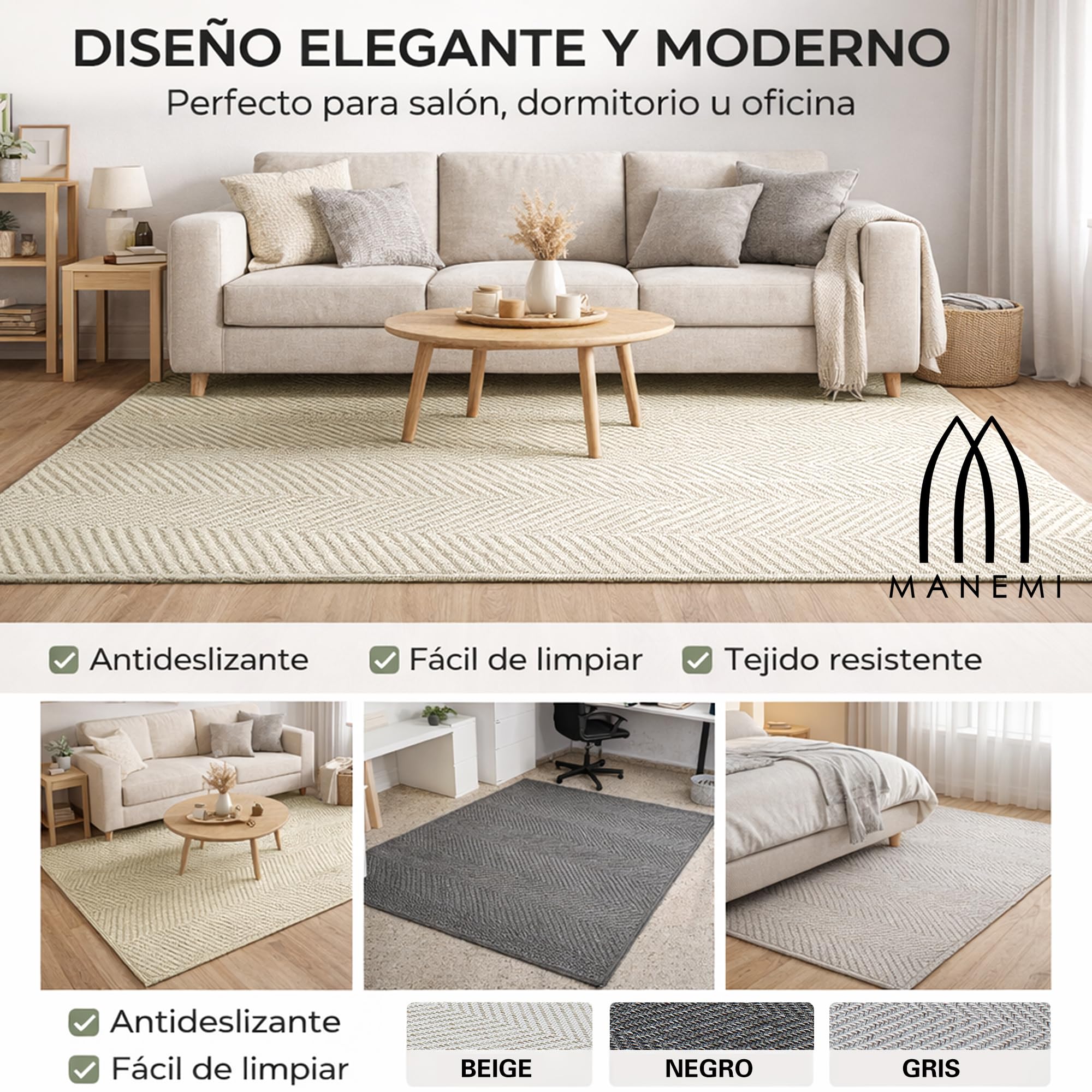 MANEMI Alfombra para Salón Antideslizante y Suave, Alfombra Textura de Espiga Premium para Interior Lavable y Plegable para Hogar con Mascotas, Varios Tamaños, 100% Polipropileno