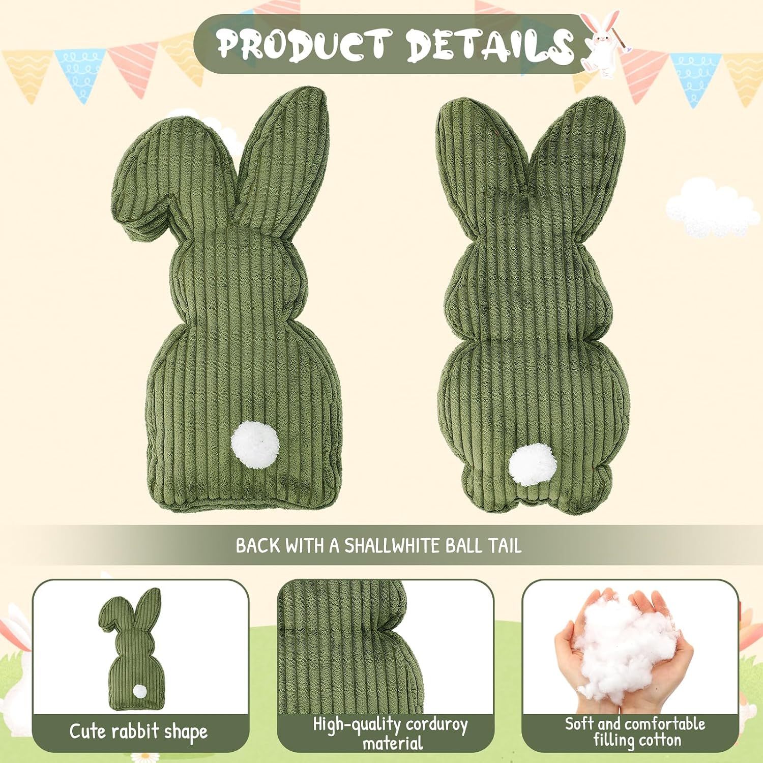 2 Pcs Easter Bunny Shaped Pillow Cute Decorative Rabbit Throw Pillow Bunny Stuffed Soft Corduroy Striped Textured Cushion Case for Spring Easter Party Couch Sofa Home Decor, Olive Green