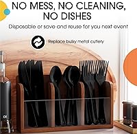 Vista 5 de Party Solids Cubiertos de plástico negro resistente, 150 piezas, cubiertos desechables negros, juegos de utensilios, 50 de cada tenedor, cuchillos