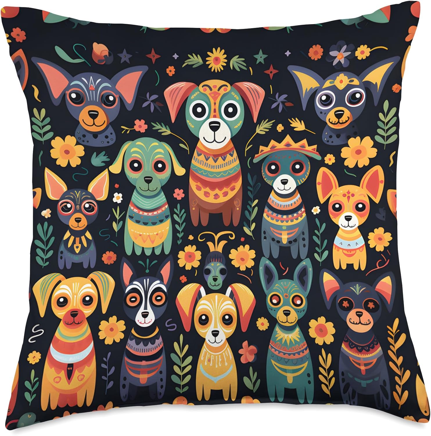 Sugar Skull Style Dogs Mexican Day of The Dead Festival Throw Pillow