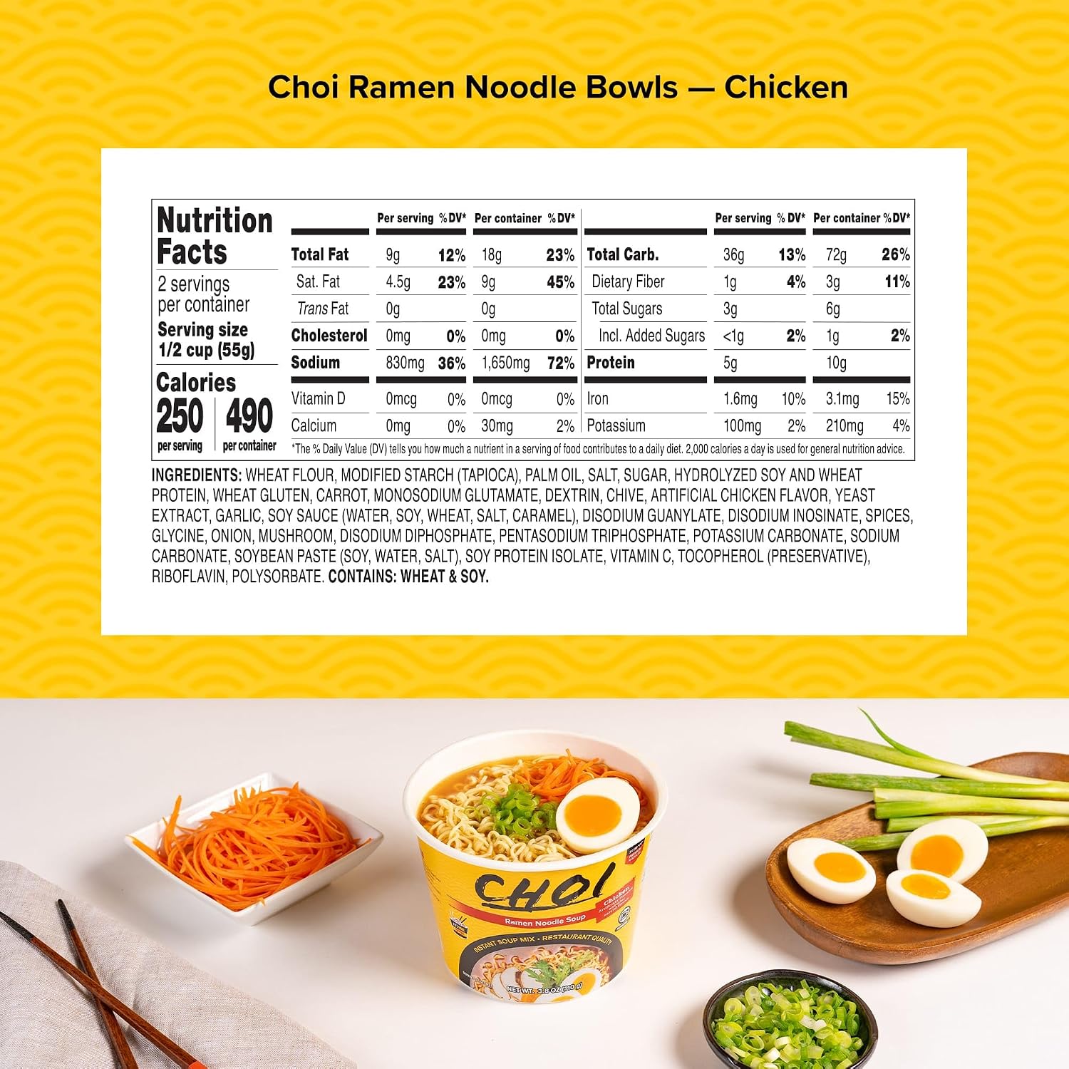 CHOI Ramen Noodle Soup, Chicken Flavored - Microwavable Bowl, 3.8 oz. (110g), 6-Pack