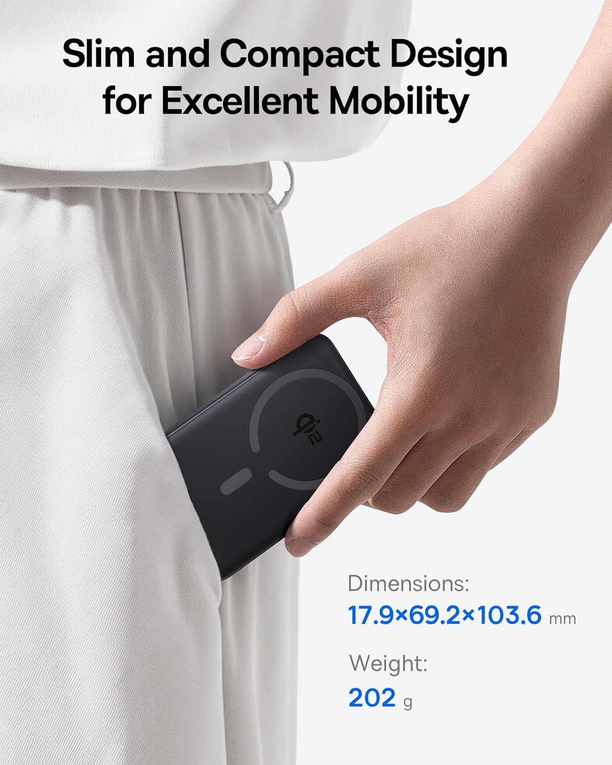 Baseus power bank being placed into a pocket, illustrating its compact size.