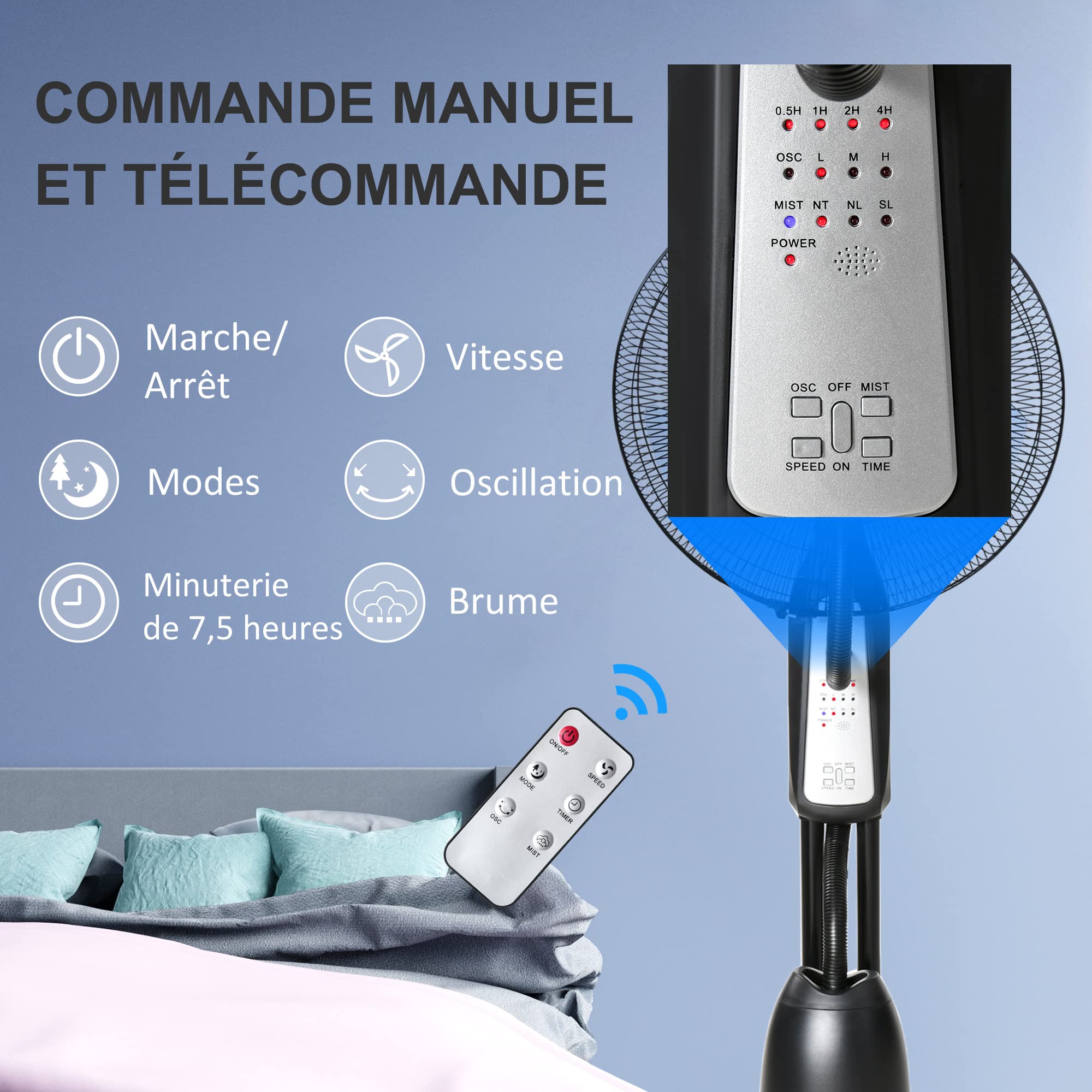 HOMCOM Ventilateur Brumisateur Silencieux 90W, Ventilateur sur Roulettes, 5 Pales Ø 44,5 cm, 3 Modes, 3 Vitesses, Brumisation, Télécommande, Minuterie, Oscillation à 70°, Tête Inclinable, Gris et Noir