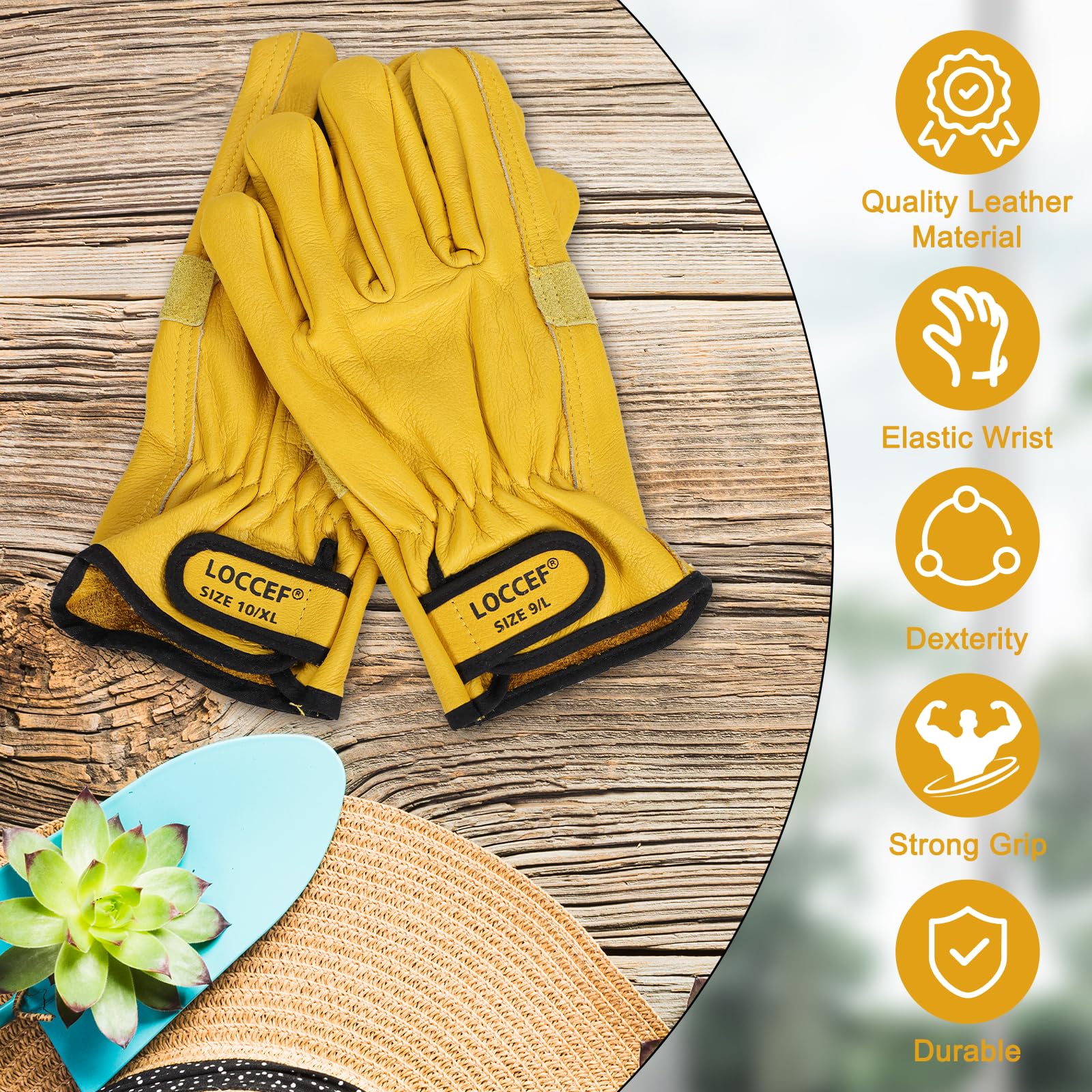 LOCCEF 2 pares de guantes de trabajo de cuero para hombres y mujeres, guantes de cuero vacuno, guantes de trabajo utilitarios (amarillo, 11/XXL)
