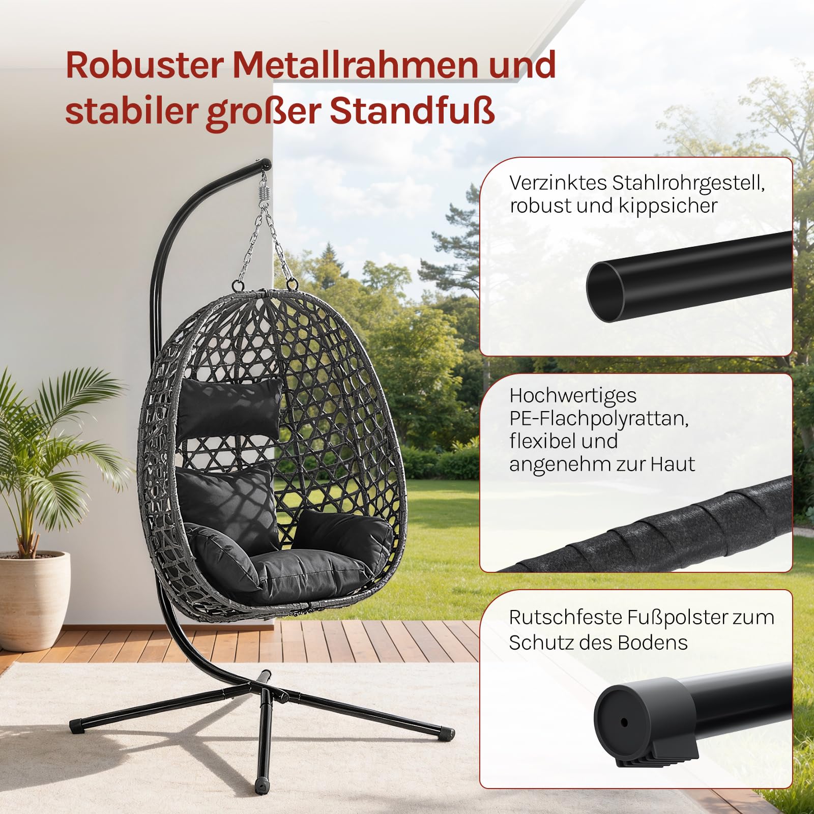 WOLTU Hängesessel mit Gestell, bis 150 kg belastbar, PE-Rattan Hängestuhl, mit Sitzkissen und Kopfstütze, für Indoor und Outdoor, Schwarz