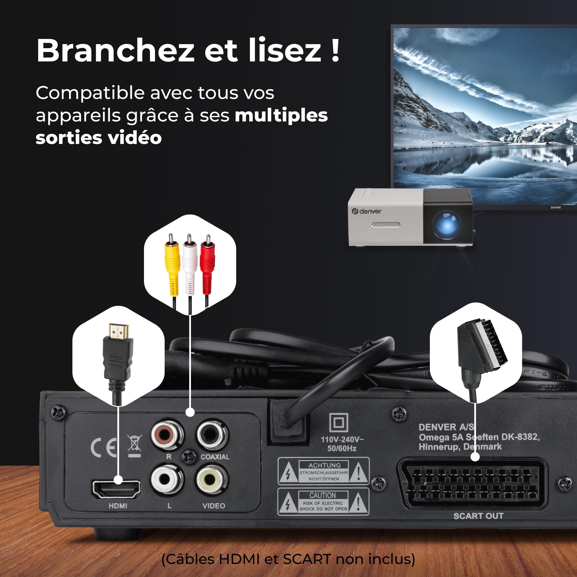 Denver DVH-7787MK3 Lecteur DVD HDMI 1080p, USB, SCART, coaxial, Multi-région, Lecture DVD/CD/MP3/JPEG, Noir