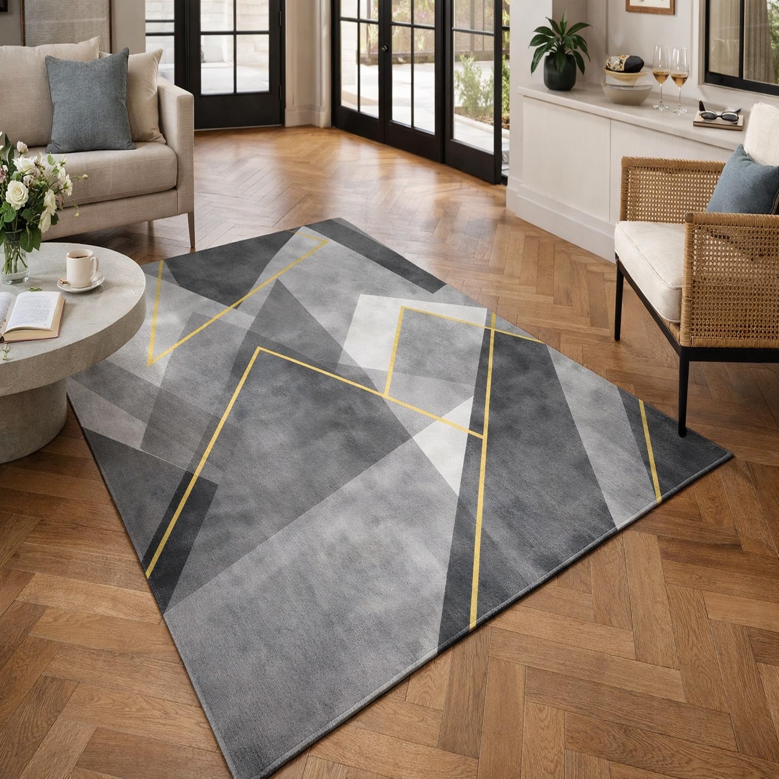 Tapis de salle a manger 200 x 240 cm grand tapis lavable moderne gris jaune