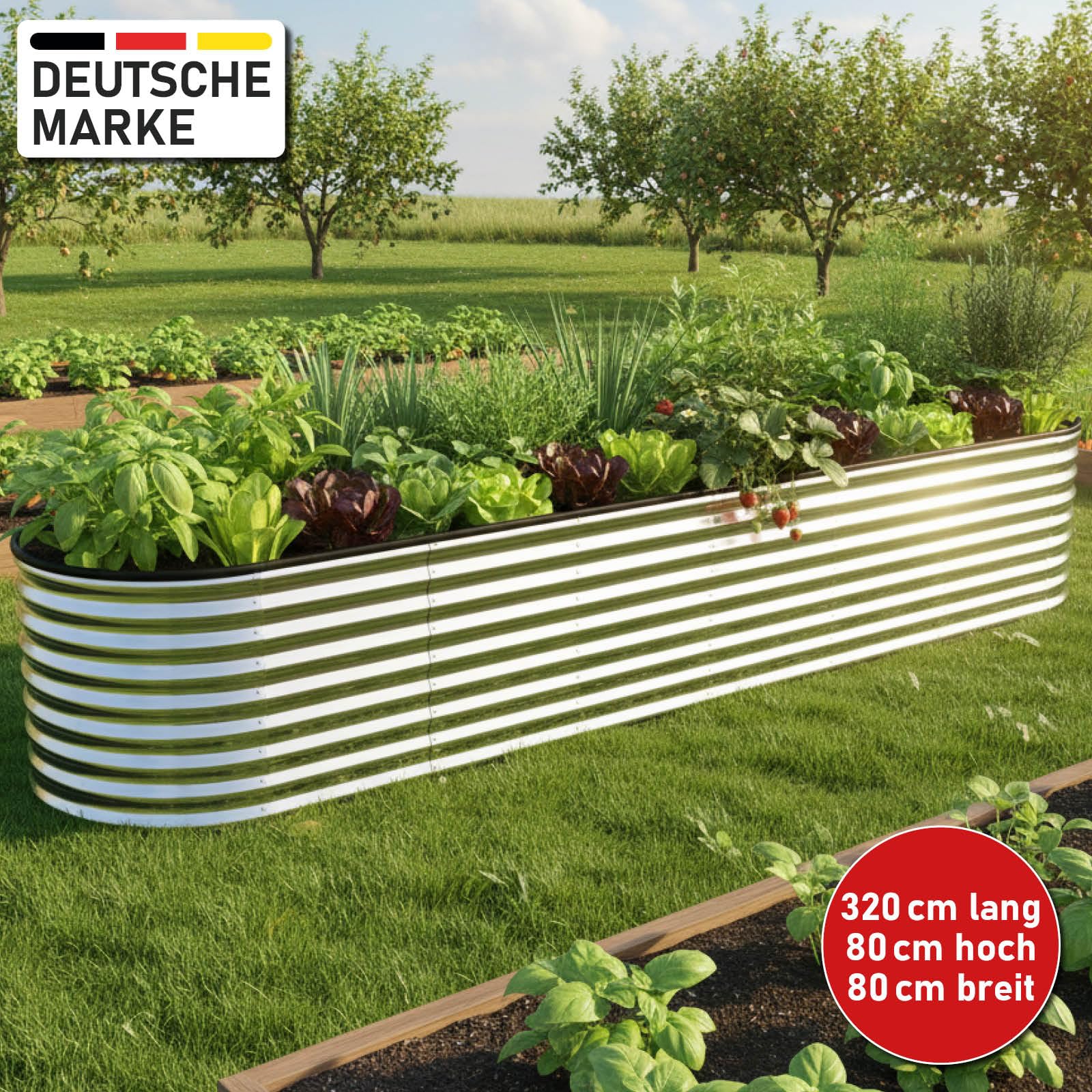BRAST Hochbeet Metall Julia | 160x80x80-400x80x80cm | viele Modelle | extra viel Zubehör | Stahl rostfrei & verzinkt | wetterfest ovale Form | für Gemüse Obst Kräuter & Blumen | 320x80x80cm Silber