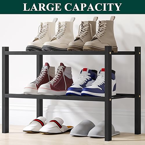 Miniatura 5 de Smiry Zapatero pequeño de bambú de 2 niveles, apilable, estante de almacenamiento de zapatos de madera para armario, entrada, entrada de puerta