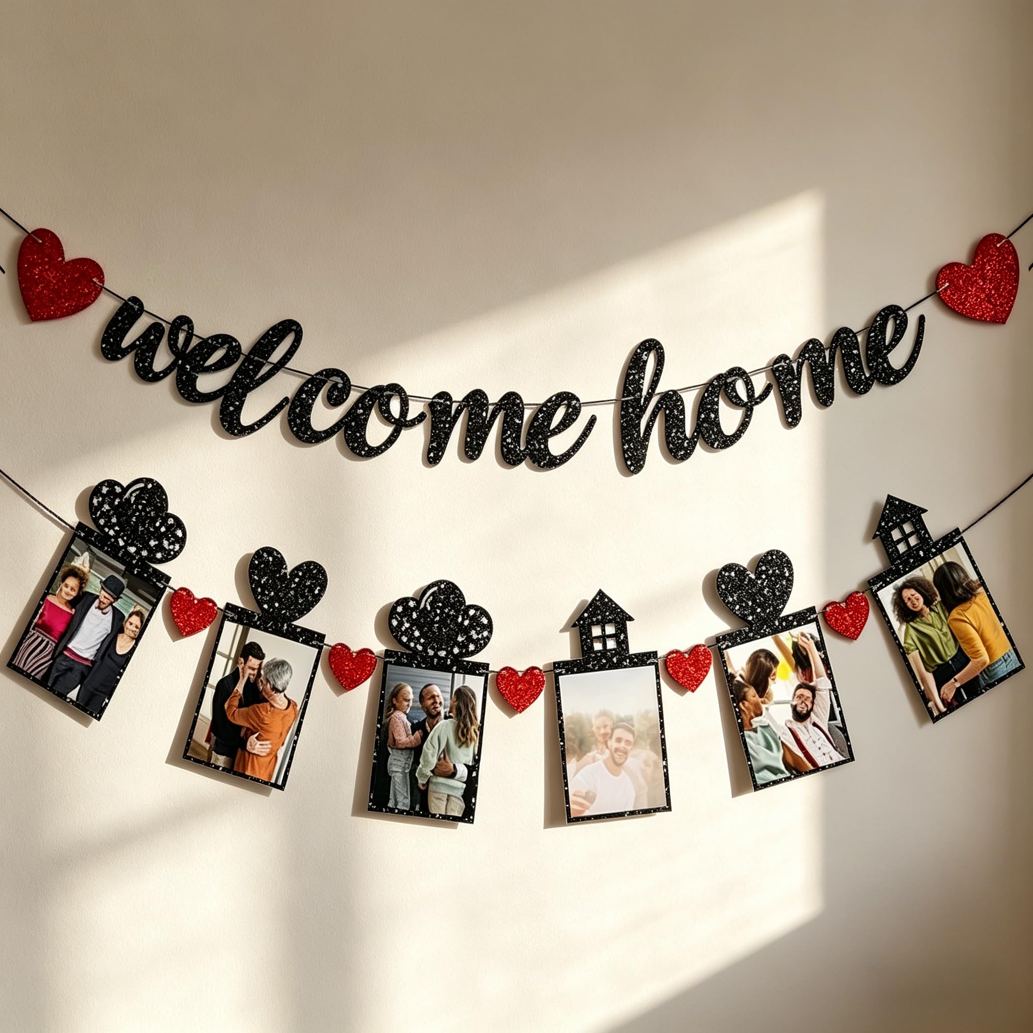 Welcome Home Banner with 6 Photo Clips - Durable Polyester Homecoming Decorations for Adult Parties - Military Welcome, Moving in Celebration Banner (Black/Red)