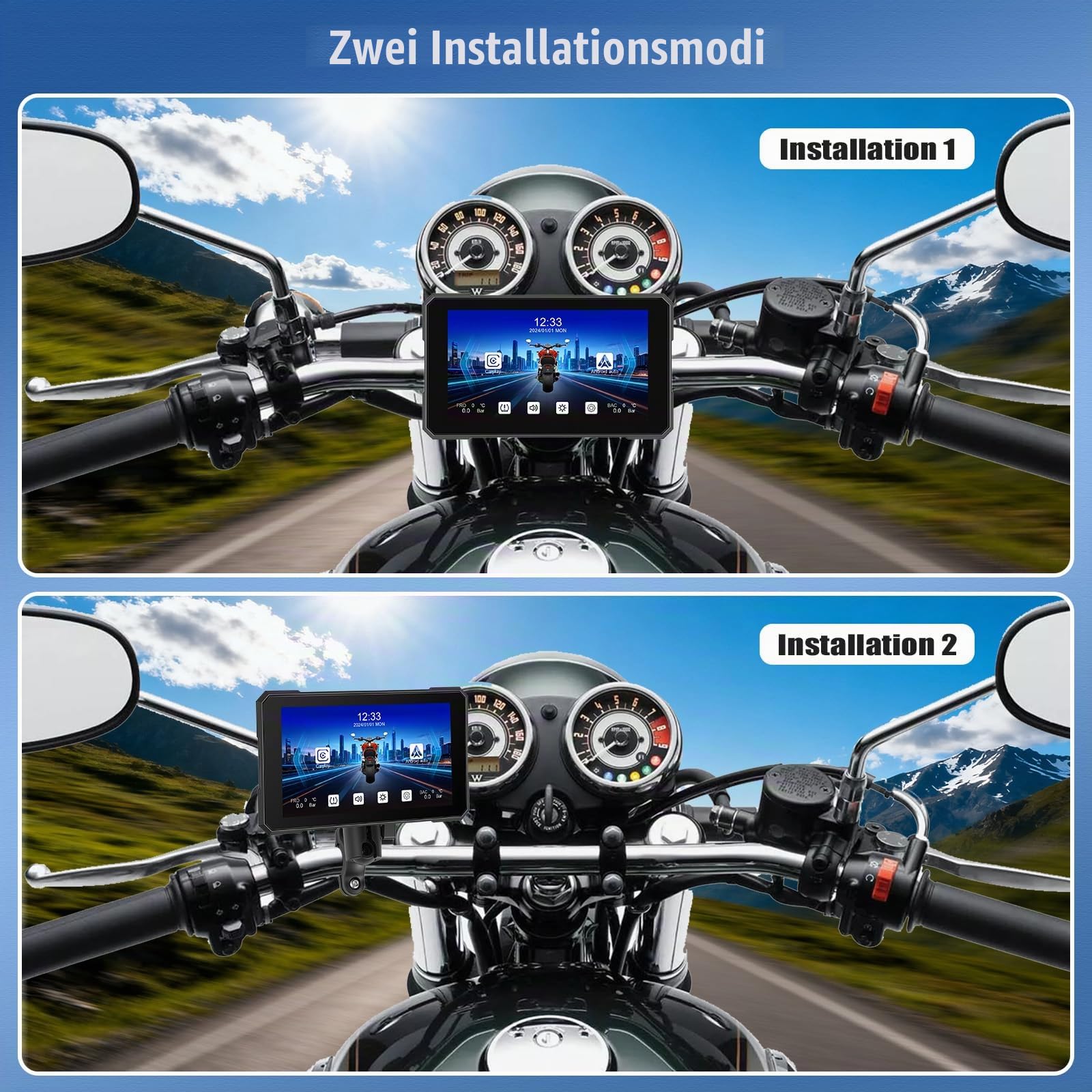 【2026 Upgrade】 CAMECHO Motorrad Wireless Carplay & Android Auto für Motorcycle,5 Zoll IP67 Wasserdichter HD Touchscreen für Motorräder mit Druckdetektion Navigation/Mirror-Link/Bluetooth/EQ
