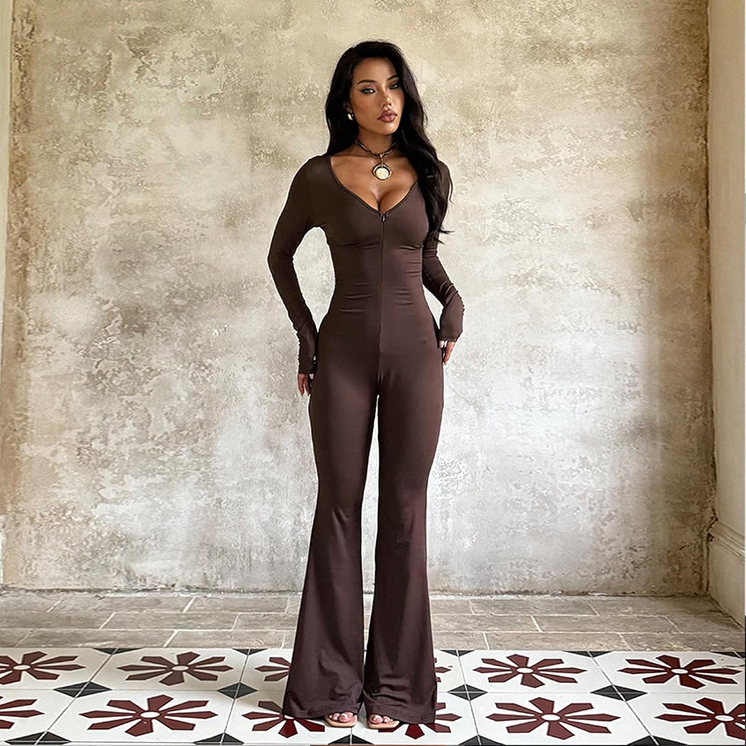 Sedrinuo Womens Long Sleeve V Neck Jumpsuits Zip Up Front Solid Flared Workout Full Gym Bodysuit One Piece Jumpsuit - Image 2