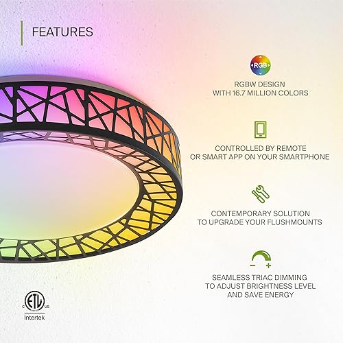 Miniatura 4 de ASD Lámpara de techo inteligente RGBW de 12 pulgadas con control remoto, color negro mate de 20 W, 120 V, 2700-6500 K, regulable, control de