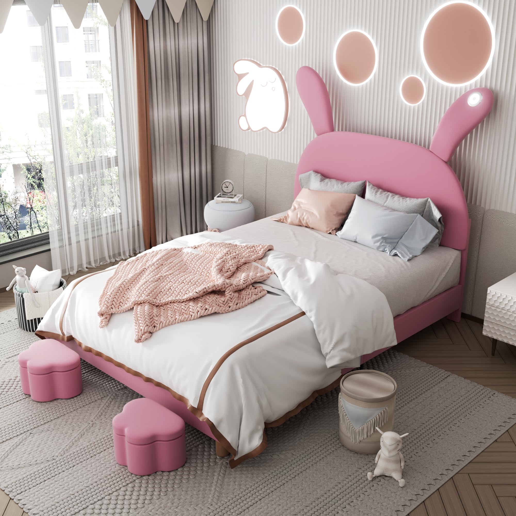 Cama tapizada de 140 x 200 cm con espacio de almacenamiento, luz LED y orejas de conejo, altura regulable, somier sin colchón, cama juvenil de terciopelo rosa