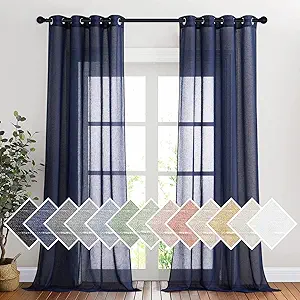 NICETOWN Linen Textured Sheer Curtains 96" L for Living Room, Privacy Chic Sheer Curtains Window Treatment Translucent Drapes for Farmhouse/Cottage, 52" Wide, Dark Blue, 1 Pair