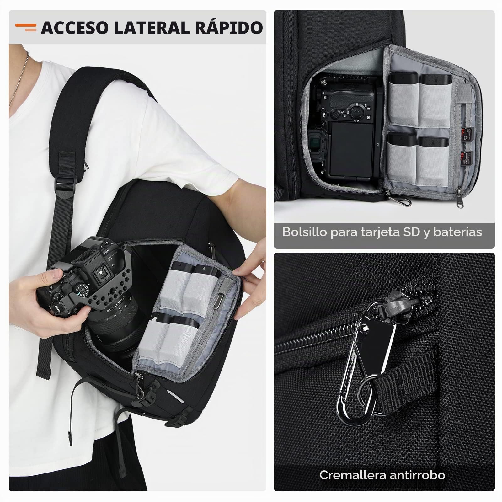 RAINSMORE Mochila Camara Fotos, Mochilas Fotografia, Bolsa Camara Reflex con Compartimento para Portátil de 14 y Funda Impermeable para Canon, Nikon y Sony Negro