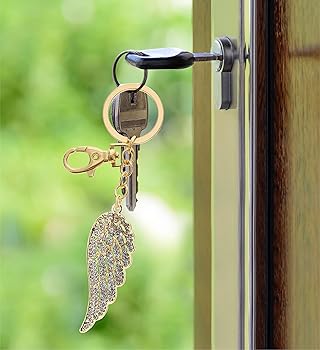Aqua79 Angel Wing Keychain - Gold 3D Sparkling Charm Rhinestones