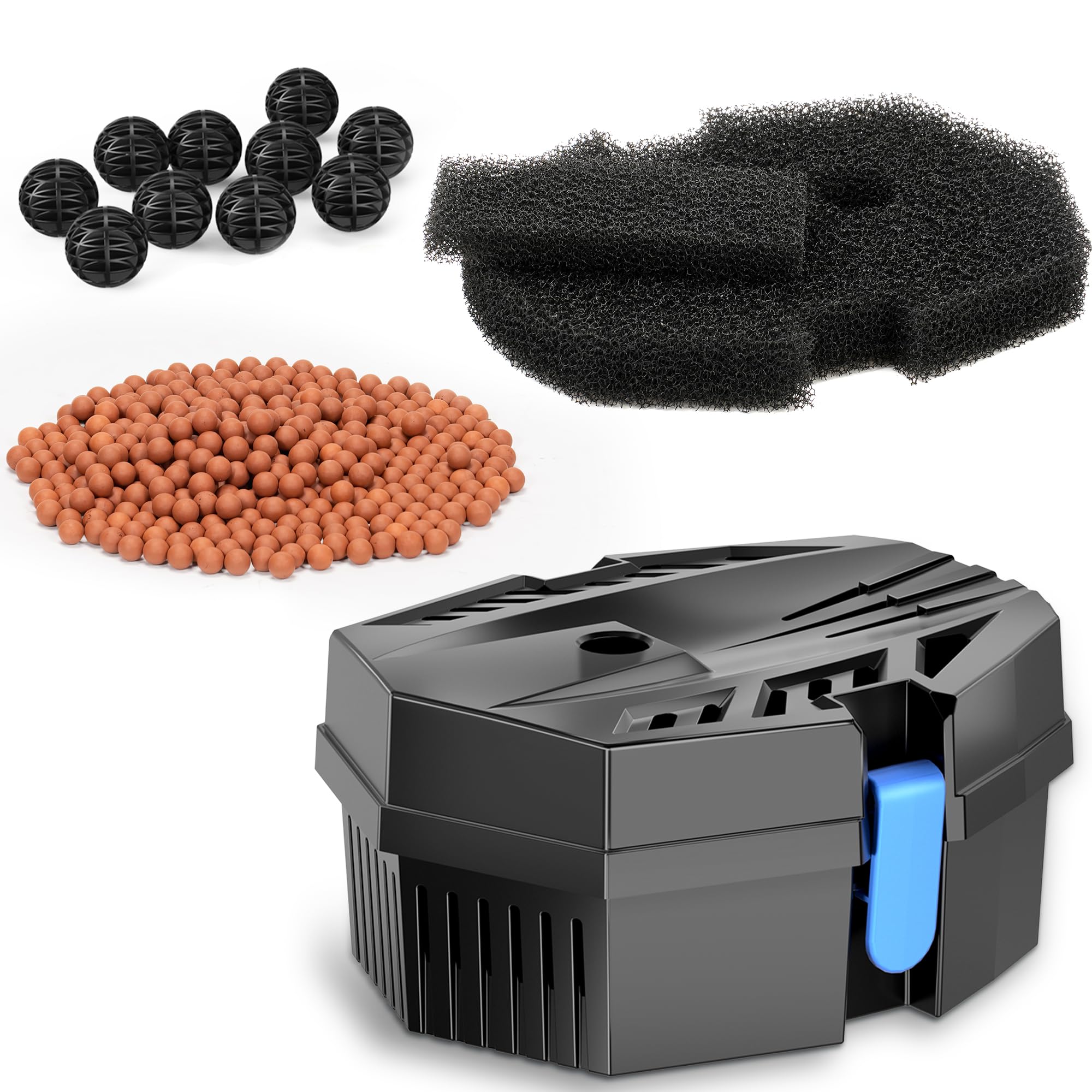 POPOSOAP Filtro per laghetti all'aperto, piccola scatola filtrante con cuscinetti filtranti, 10 sfere biologiche e anelli in ceramica per pompa per laghetto all'aperto pompa sommergibile per fontana