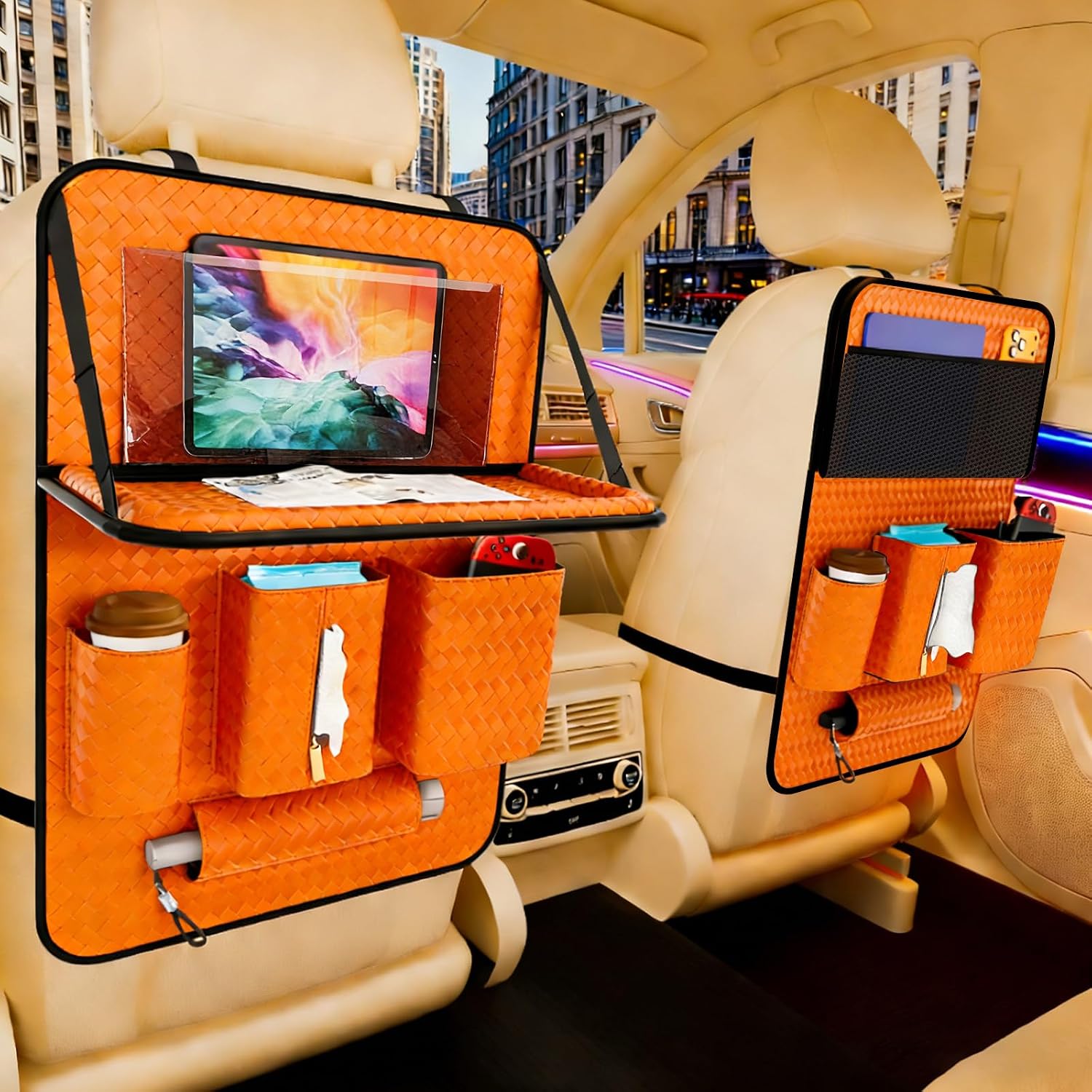 Car Back Seat Organizer, Black Woven Leather Storage Bag, Multifunctional Rear Seat Protector with Tablet Holder, 25.2x17.7 Inches, Abrasion Resistant, Orange