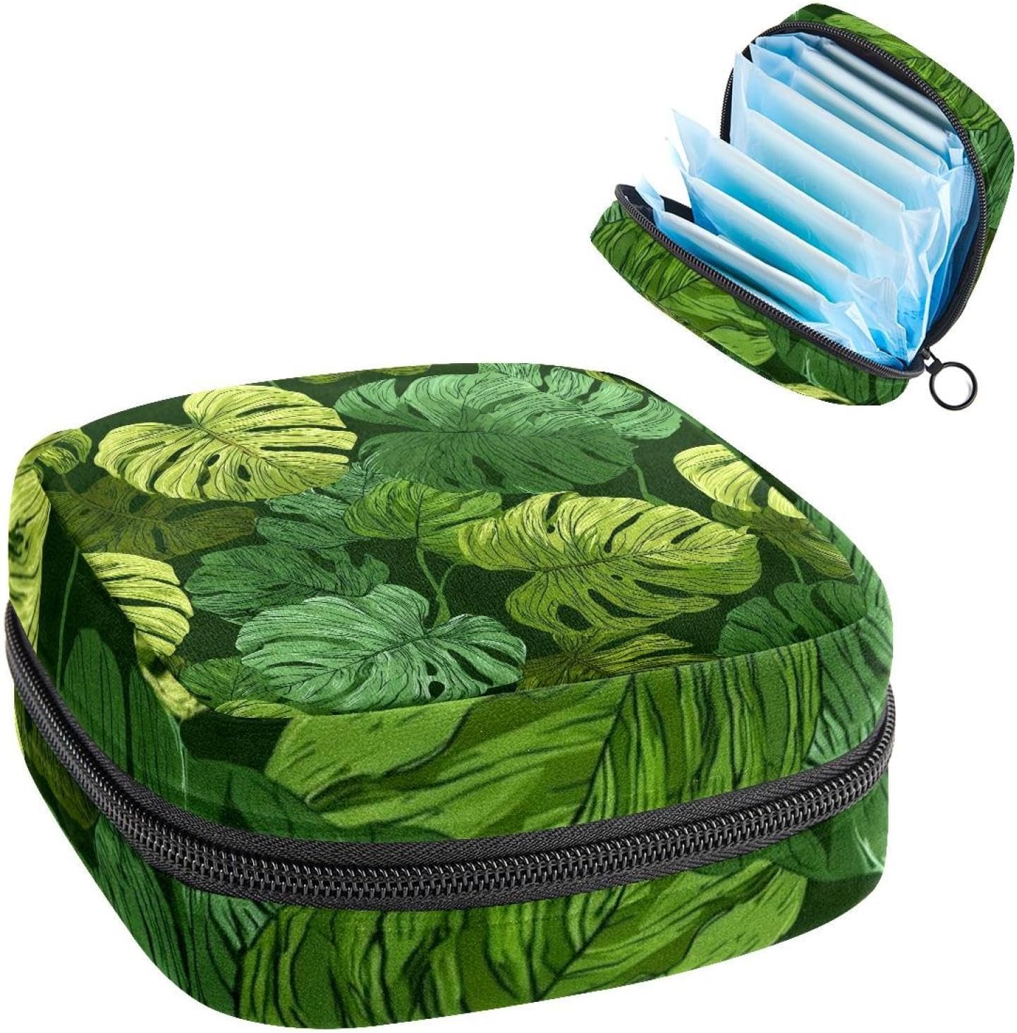 Seamless Green Tropical Palm Leaves Sanitary Napkin Storage Bag, Menstrual Cup Pouch Feminine Menstruation Period Pads Bag Tampons Holder for Girls Women Ladies