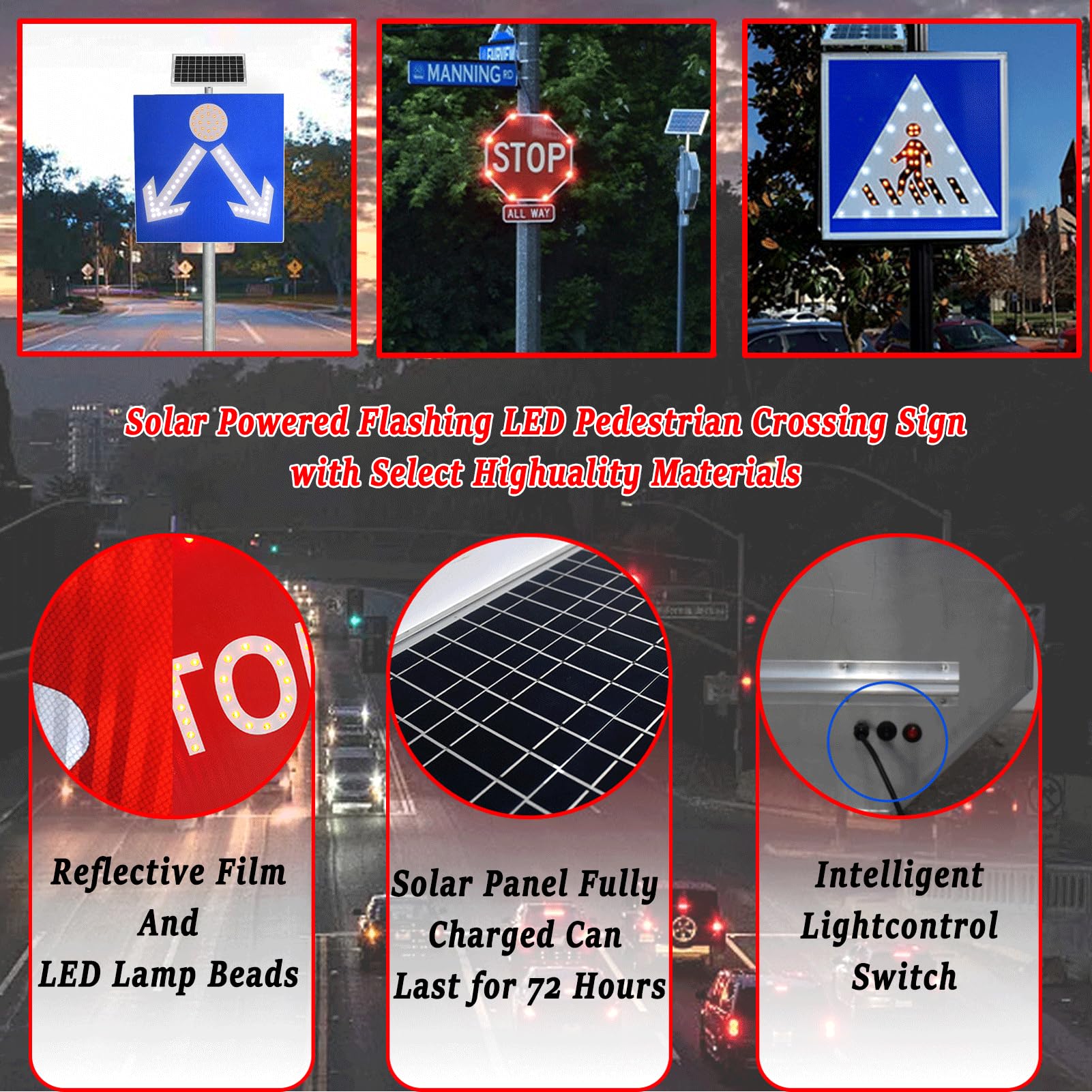 Alimentado por energía Solar Señales de Advertencia, viviendas y Calles. Marco de Aluminio Resistente al Agua, la Intemperie y la decoloración
