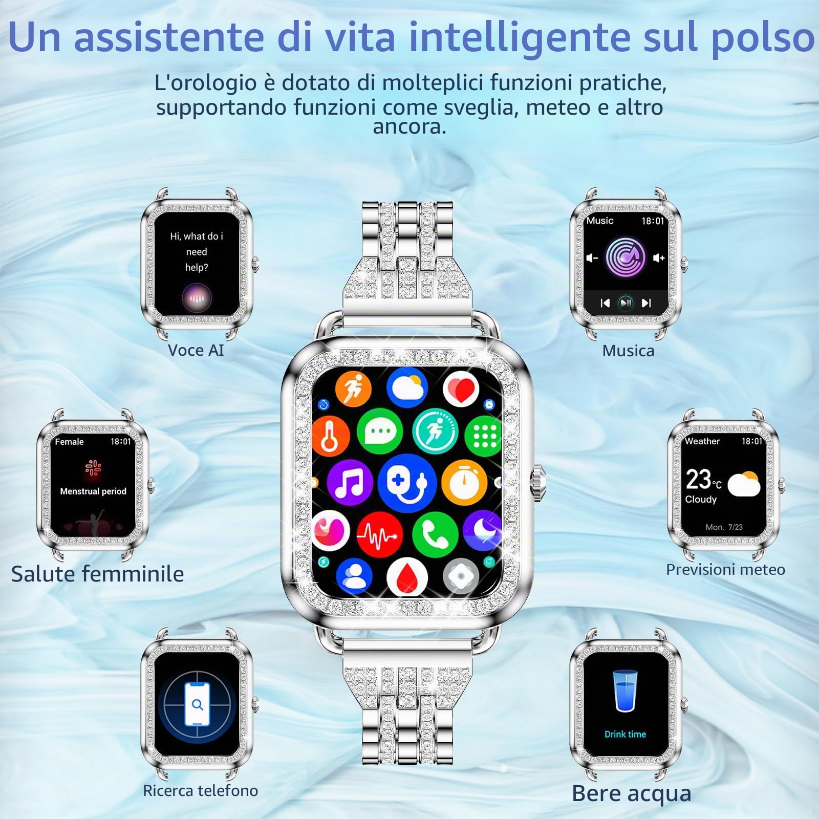Smartwatch Orologio Donna Chiamate e Risposta Diamond,1.29''Smartwatch Notifiche Messaggi,Cardiofrequenzimetro,SpO2/Monitoraggio del Sonno,19 Sport orologio smartwatch donna per Android iOS