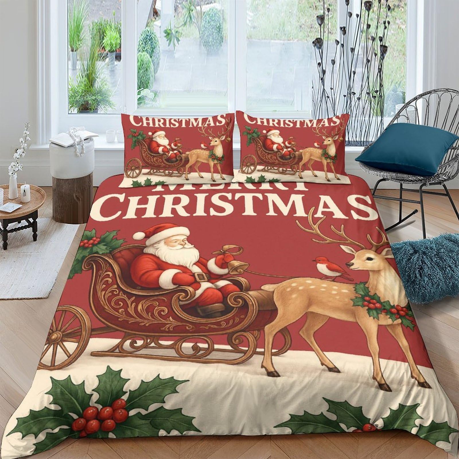Ctjqhvkz Style-7 3D Printed Christmas Santa Sleigh Fitted Sheet Microfiber Red Reindeer Bed Cover Anti-Slip Easy Care For Bedroom Guest Room Decor Single（135X200cm）