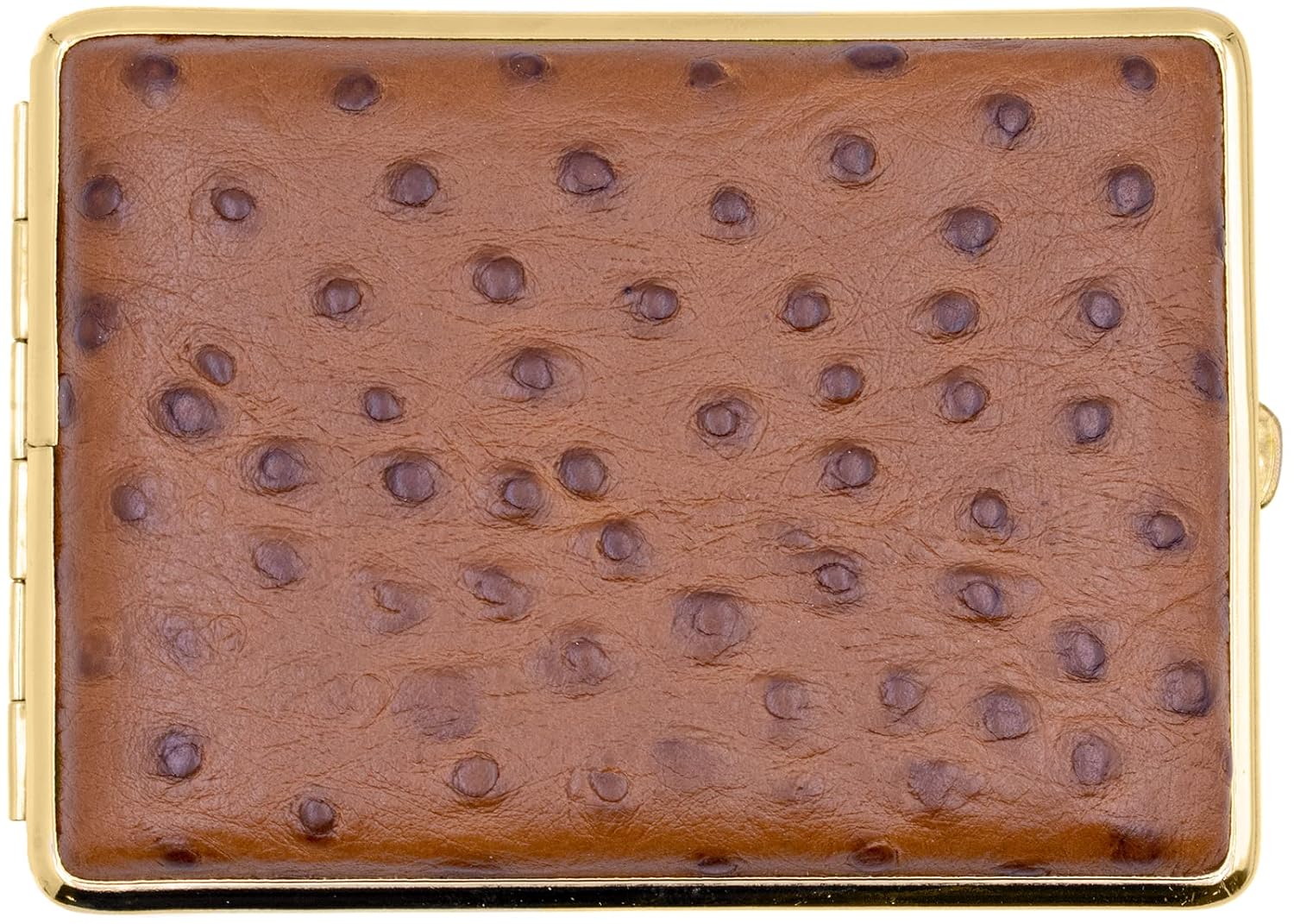 Made in Germany Genuine Leather Gold Plated Cigarette Case (18 100s) with Elastic Bands (Ostrich Brown - Embossed)