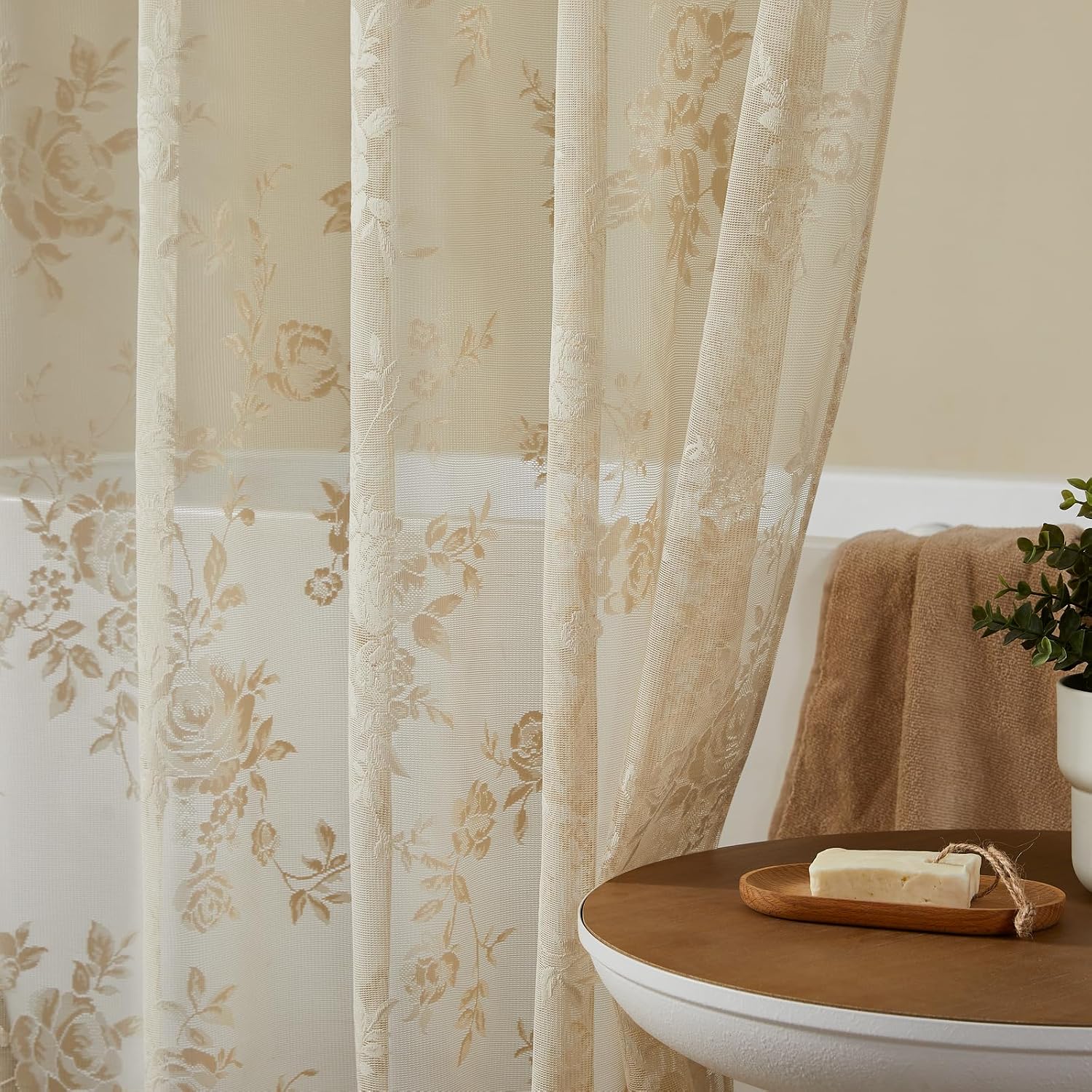 Beige Lace Shower Curtain with Attached Valance Decorative Vintage Floral Shower Curtain for Bathroom Spa Boho Cottagecore Decor Scalloped Edge Shabby Chic Bath Curtains Spa-like Hotel, 72 x 72 Inch