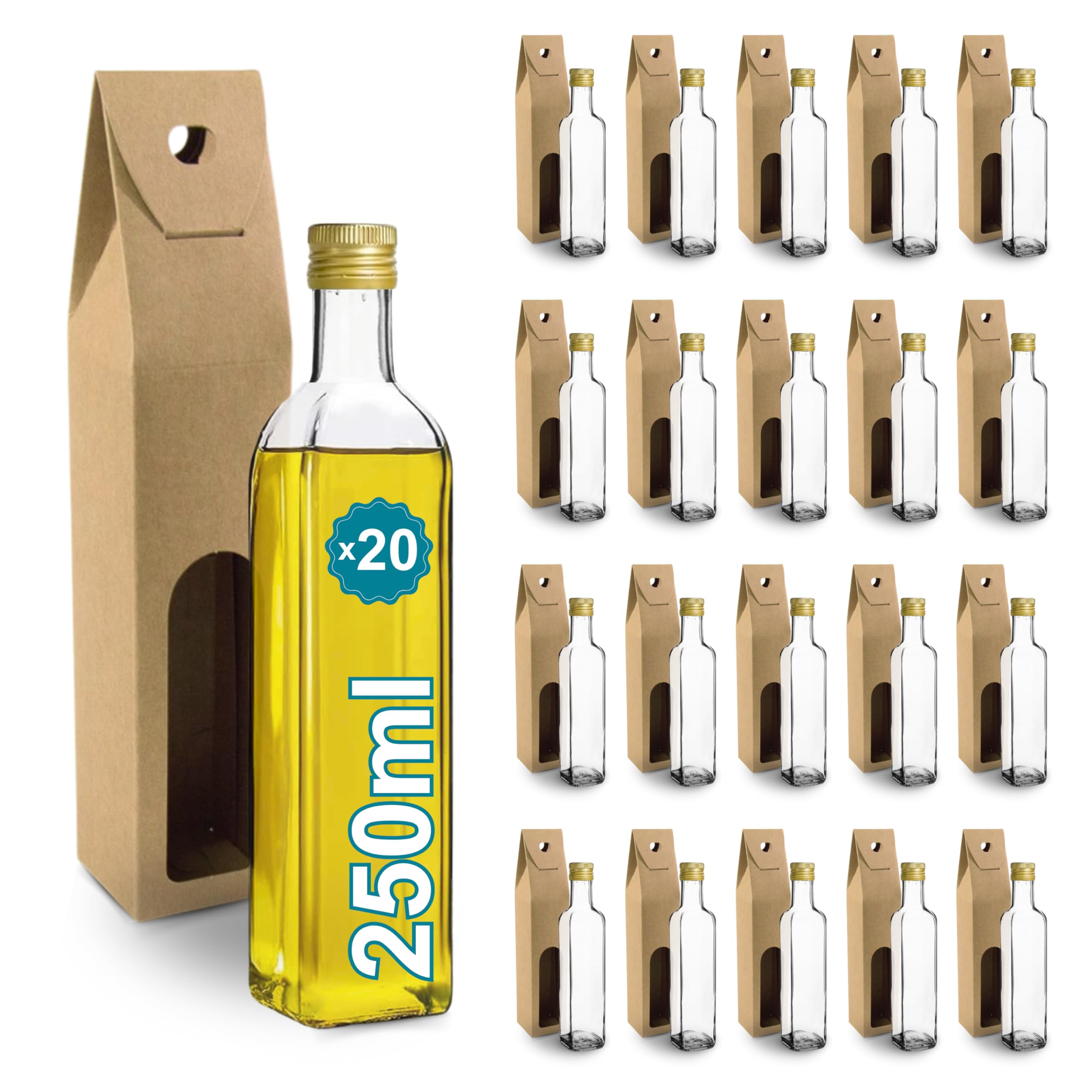 Espirito Rebelde 20 Bottiglie di Vetro 250ml con Tappo a Vite Dorato + 20 Scatole | Olio d'Oliva, Aceto, Alcool, Salse | Oliera in Vetro