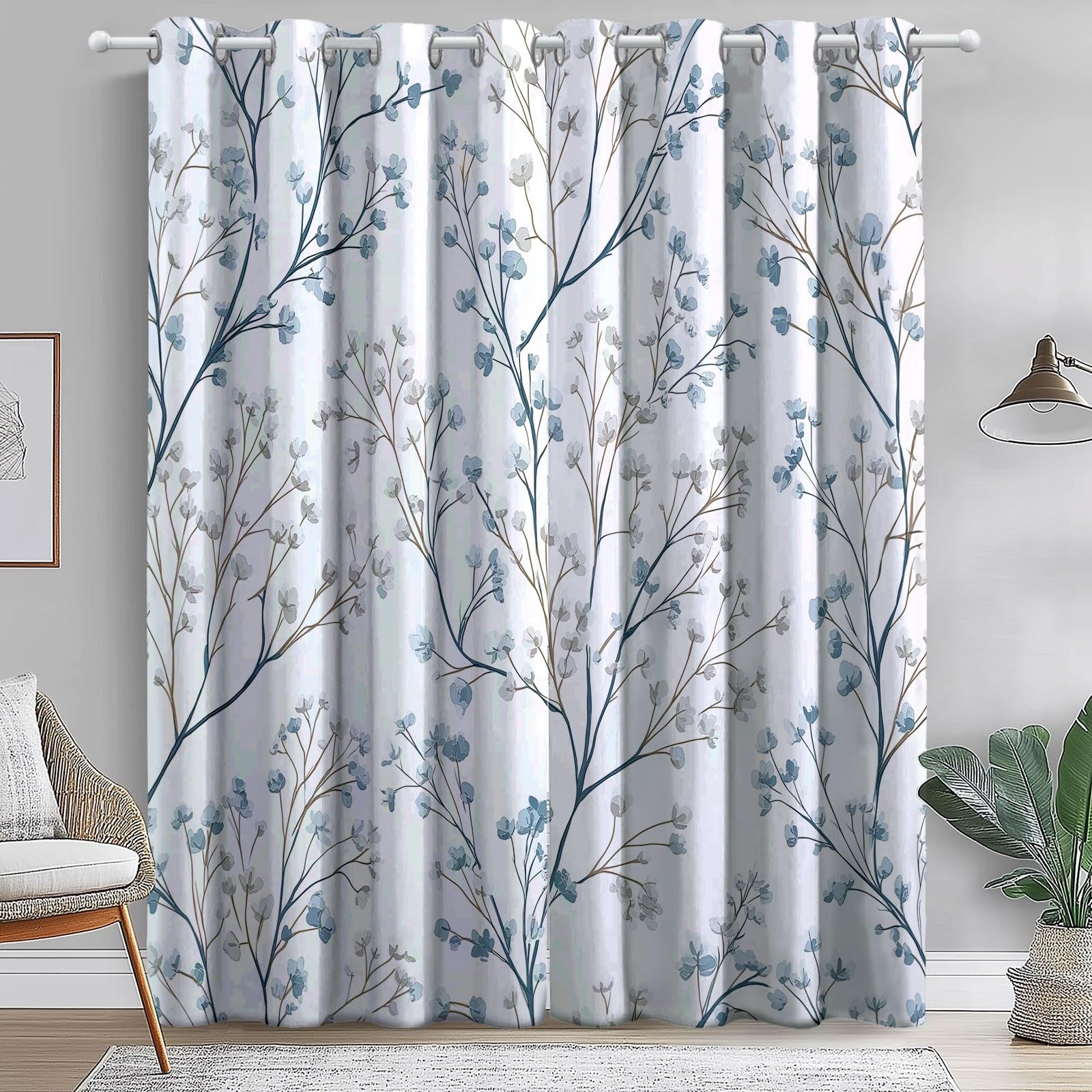 Cortinas Ramas de Flores Frescas y Flores pequeñas para Dormitorio, Cortinas con Ojales para Sala de Estar 140An x 260Al cm (2 Paneles) Paneles de Cortina con Aislamiento térmico Azul grisáceo