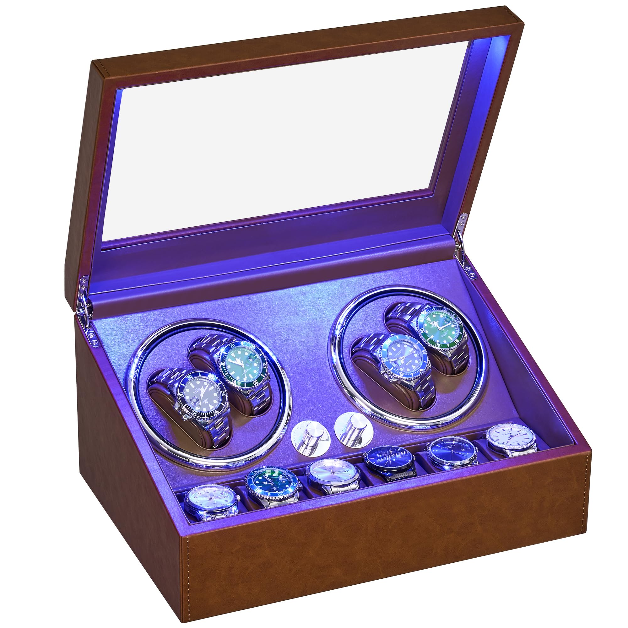 ANWBROADANWBROAD Watch Winder for Automatic Watches 4 Watch Rotator and 6 Extra Storages with Super Quiet Mabuchi Motor and LED Backlight Rotating Watch Spinner Shaker 4 Rotating Modes Gift USB UJWW002L
