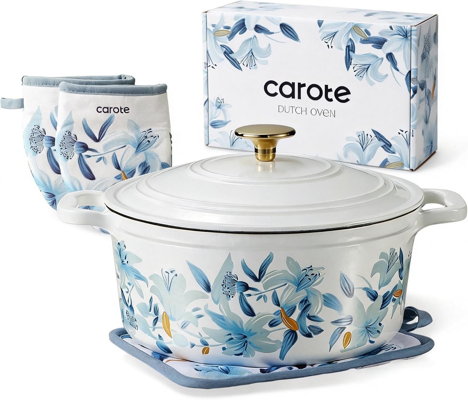 CAROTE 5 QT Cast Iron Dutch Oven Pot with Lid, Enameled Floral Dutch Ovens with Cotton Potholders & Oven Gloves, Gift Box, Cast Iron Pot for Sourdough Bread Baking, Braising, Stews, Roasting, Dual Handles, All Stovetop Compatible, Oven Safe up to 500° F, White & Blue