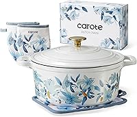 CAROTE 5QT Enameled Cast Iron Dutch Oven Floral White & Blue - Sourdough Baking, Braising, All Stovetops, Oven Safe 500°F w/ Potholders & Gift Box