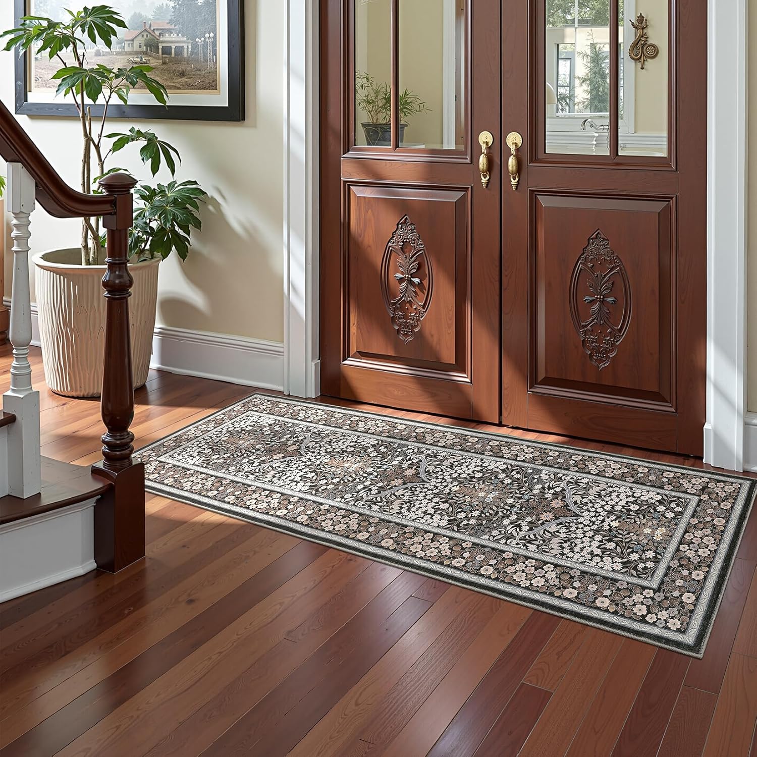 GarveeHome Floral 2x6 Runner Rug Non Slip Boho Washable Bathroom Rug, Soft Small Area Rug Indoor Door Mat Botanical Throw Rugs for Kitchen Hallway, Brown