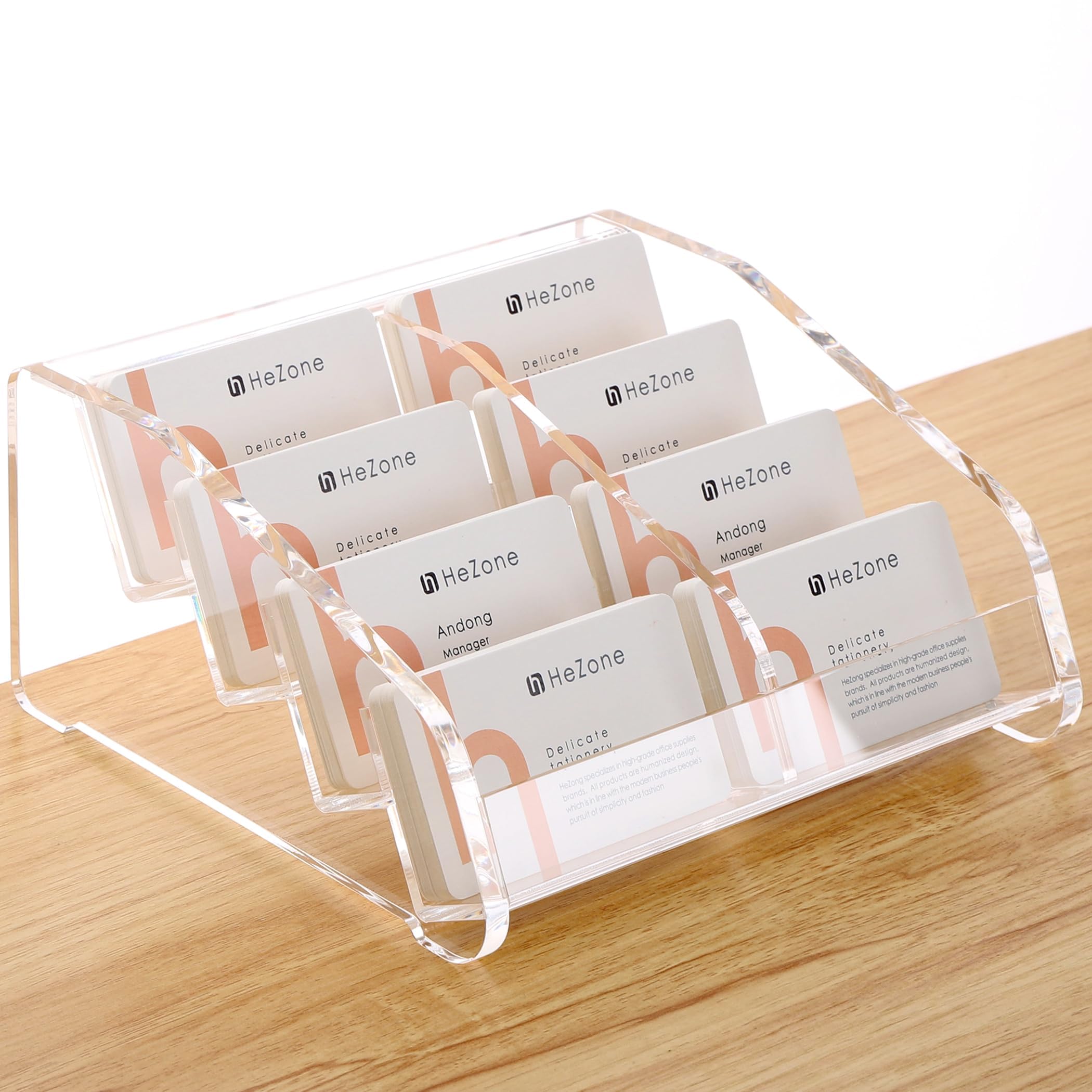 HeZone Business Card Holder for Desk Clear Acrylic Cards Stand Rack Multiple 8 slots 4 Tier Business Card