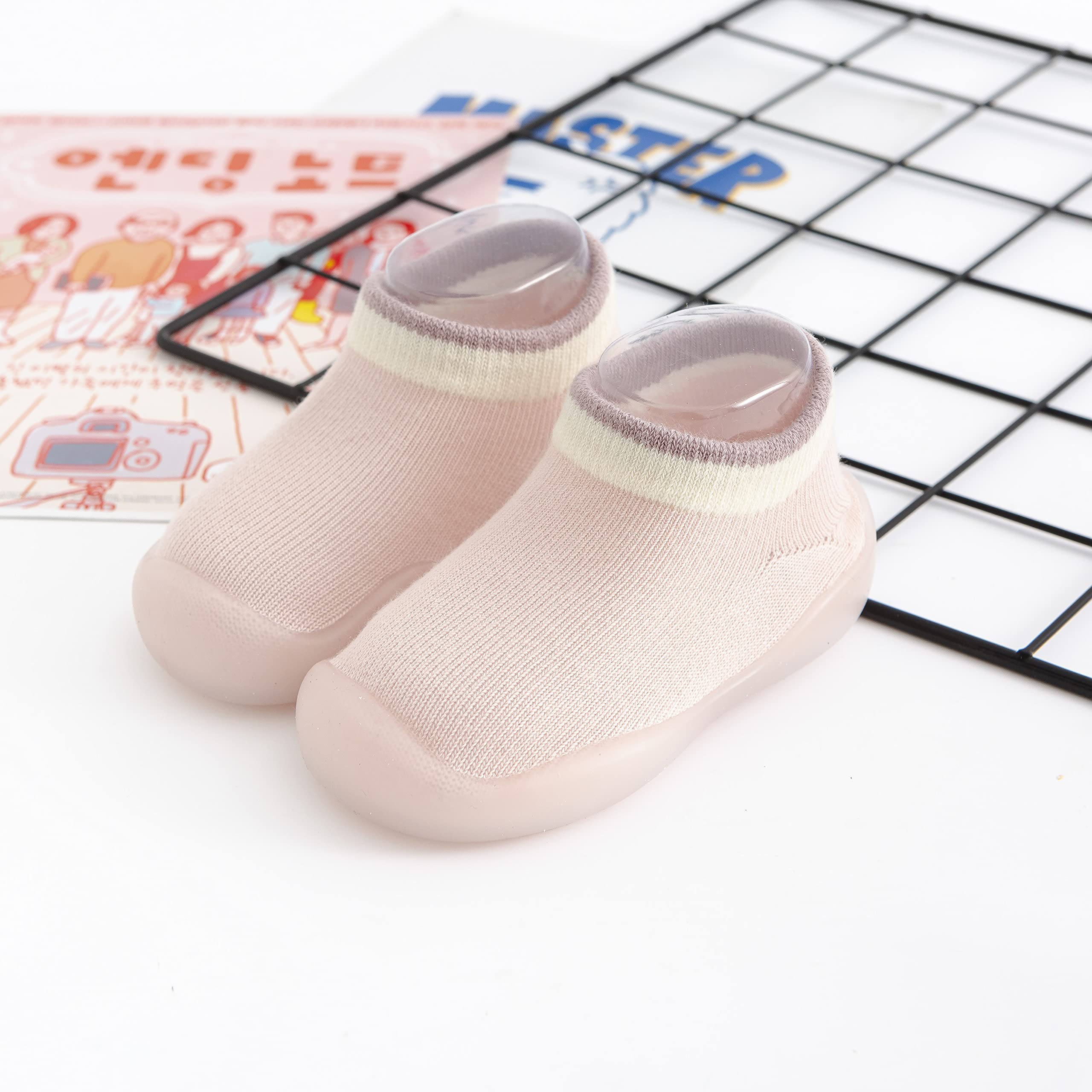 Pluatyep Baby Toddler Sock Shoes Non-Skid Slipper with Rubber Soft Sole Breathable Cotton Walking Shoes for Infant Girls Boys, Pink, 9-12 Months Toddler 3