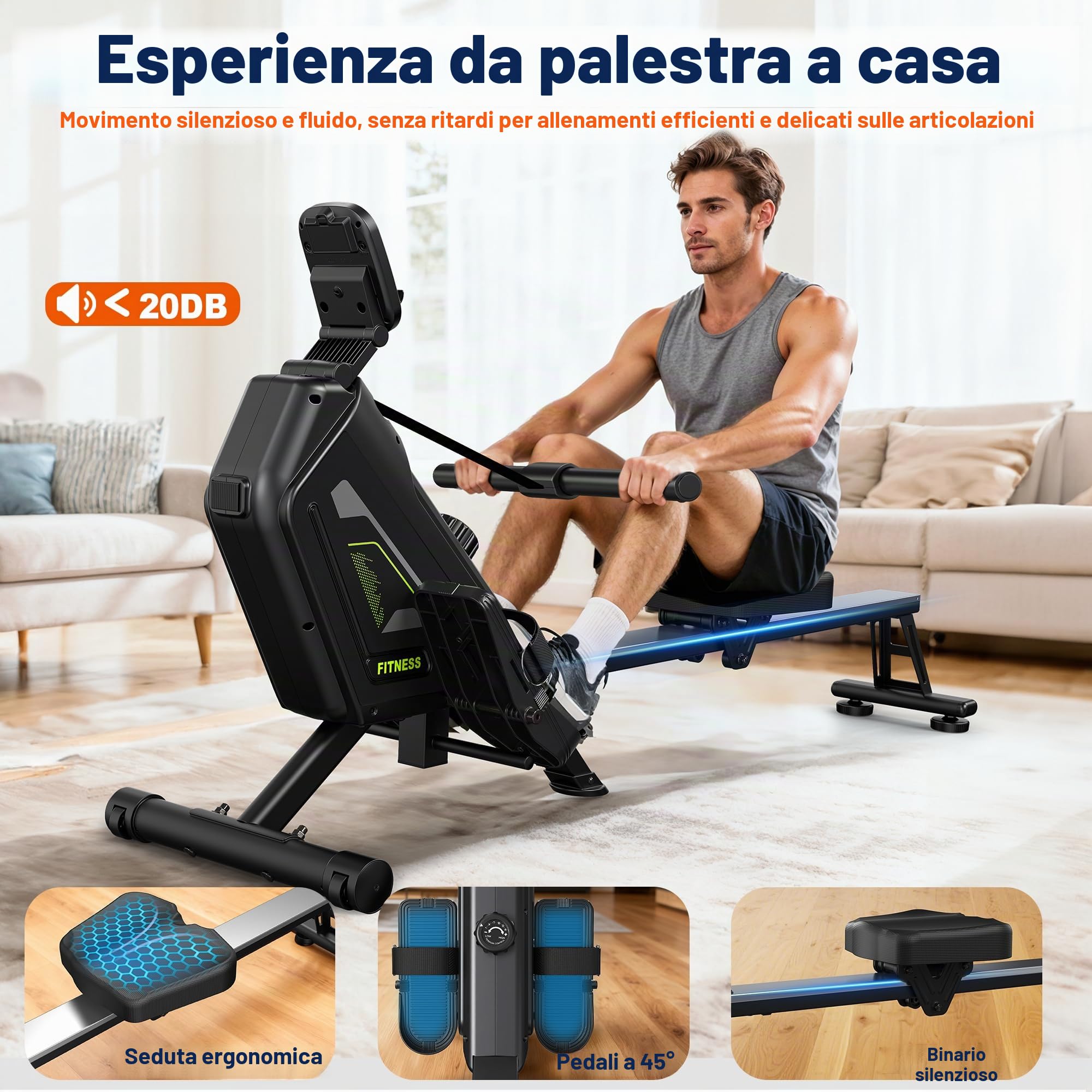 Vogatore domestico - 16 livelli di resistenza, vogatore magnetico silenzioso con app, portata 160 kg, facile da montare, compatto e salvaspazio