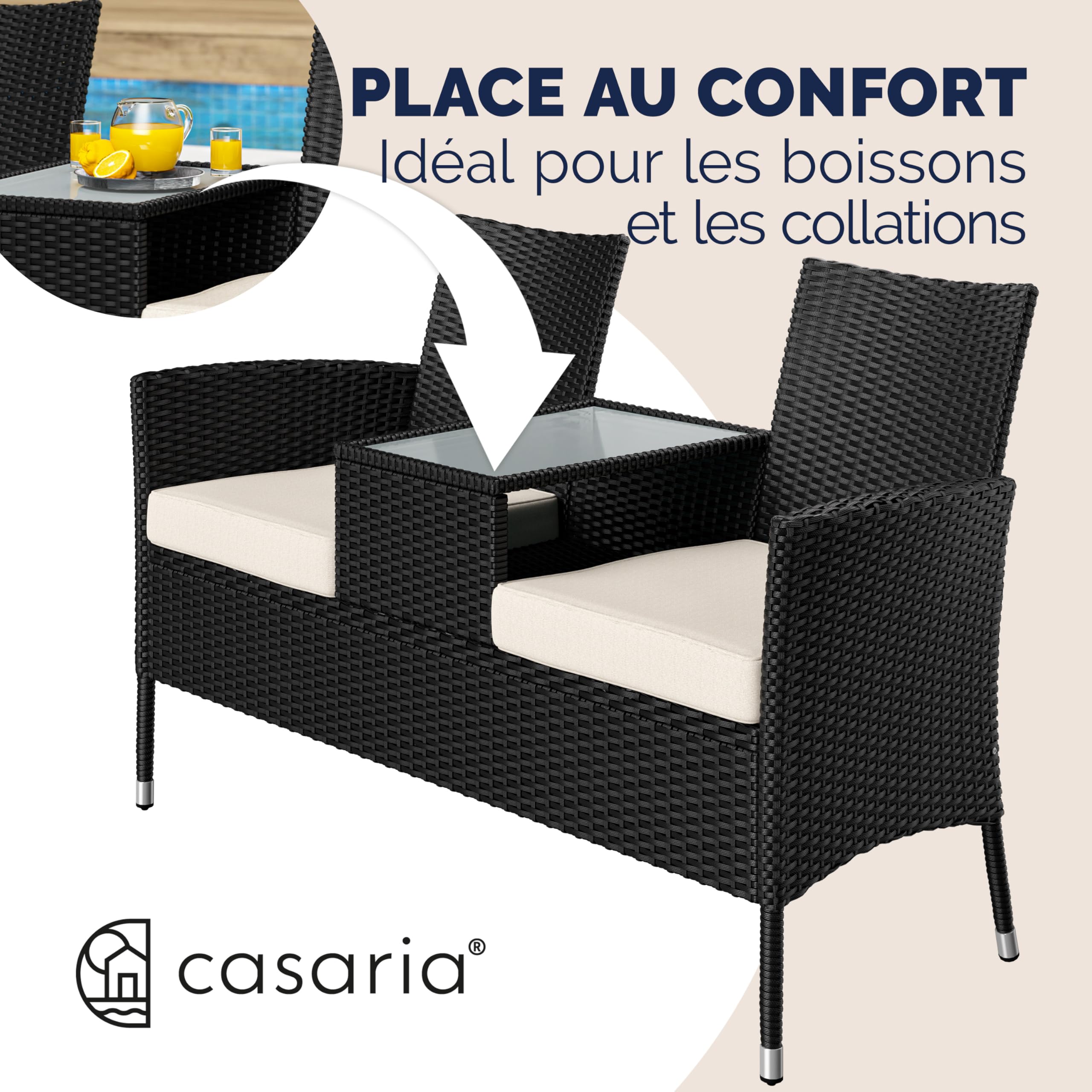Banc de Jardin en polyrotin 2 Places avec Coussins Table intégrée 143x64x87 cm Salon de Jardin extérieur Noir