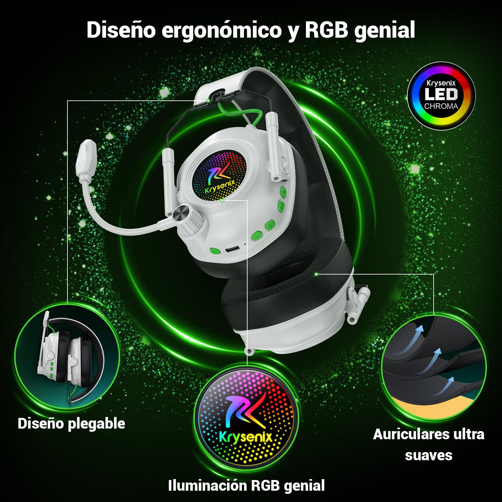 Krysenix 2,4 GHz Cascos Gaming Inalámbricos para PS5, PS4, PC, Mac, Switch, Auriculares Inalámbricos Bluetooth 5.4 con micrófono, Cancelación de Ruido, Duración 40Hr, Luz LED, Blanco Puro