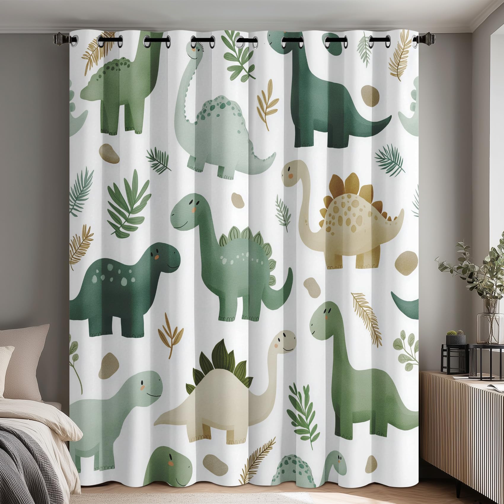 Rideau Dinosaures 70x200cm(LxH) Rideau Occultants Thermiques Motif Animaux Dessin Animé pour Chambre d'enfant (Garçons, Filles, Bébés), Lot De 2 Draperies Intérieurs à Oeillets