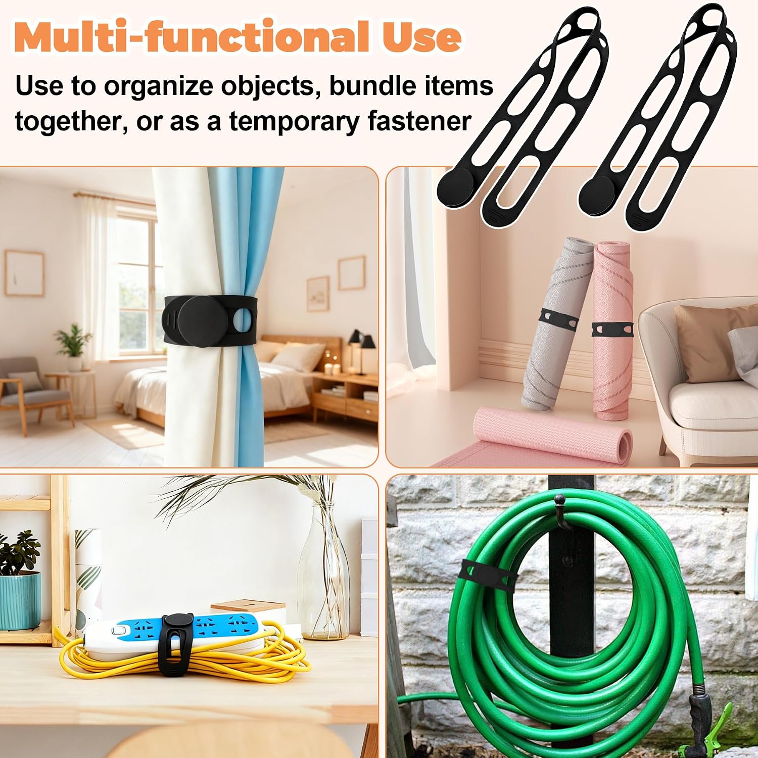 2-Pack Silicone Latch Strap with Buckle for Slow Cooker Pot, Lid, Bento Box, Universal Elastic Self-Lock Strap Tie for Curtain, Cords, Yoga Mat, Silicone Securing Strap (Blue & White)