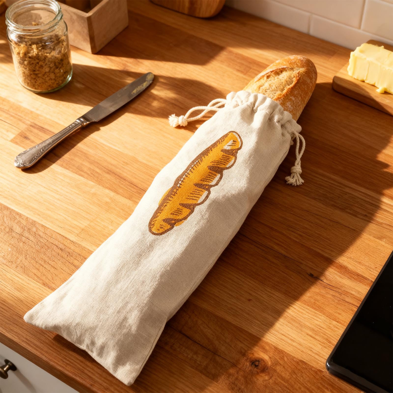 Cotton Baguette Bread Bag, Breathable Fabric Drawstring Bag, Reusable Storage Bag for Baguette and Bread, 64 cm Long