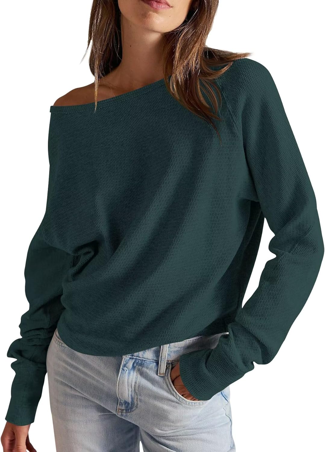 BONITEE Women Off The Shoulder Tops Loose Knit Long Sleeve Tunic Shirts Pullover Sweatshirts Blouse - Image 2