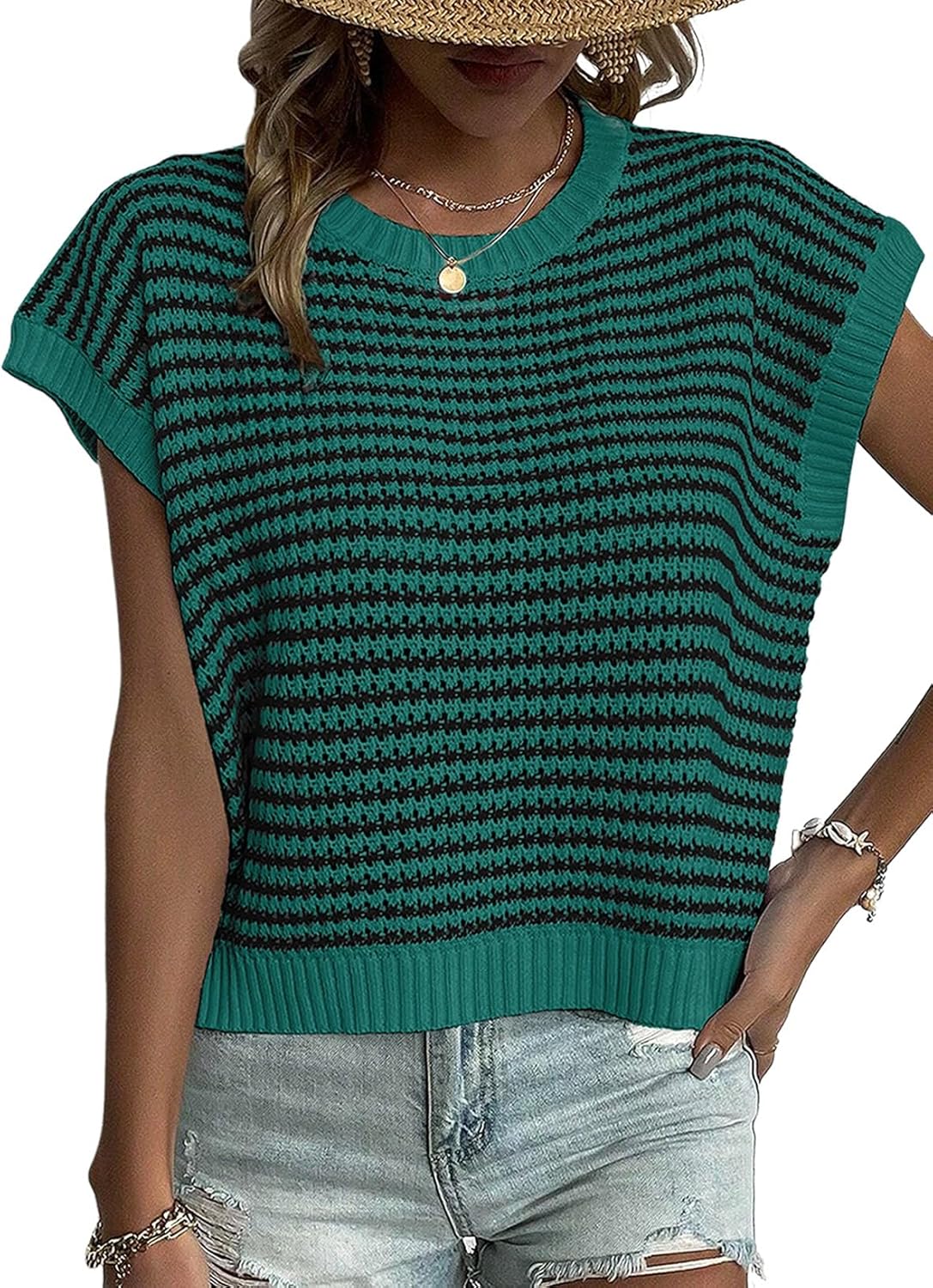 EVALESS Women's Sweater Vest Striped Pullover Tank Top Round Neck Cap Sleeve Lightweight 2025 Summer Casual Clothes